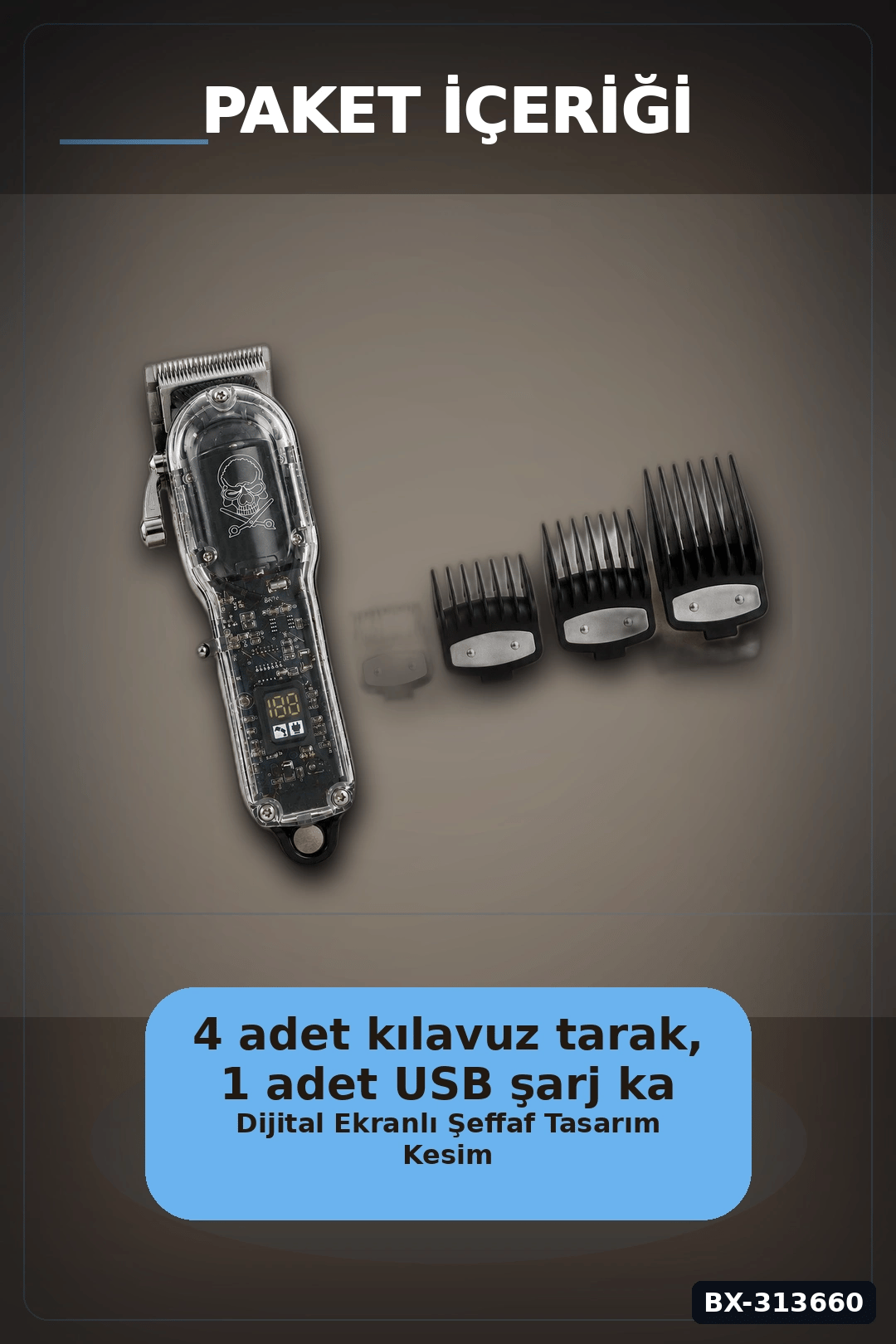 LCD Ekranlı USB Şarjlı Saç Kesme Makinesi 4 Tarak Profesyonel Erkek Tıraş Makinesi BX-313660