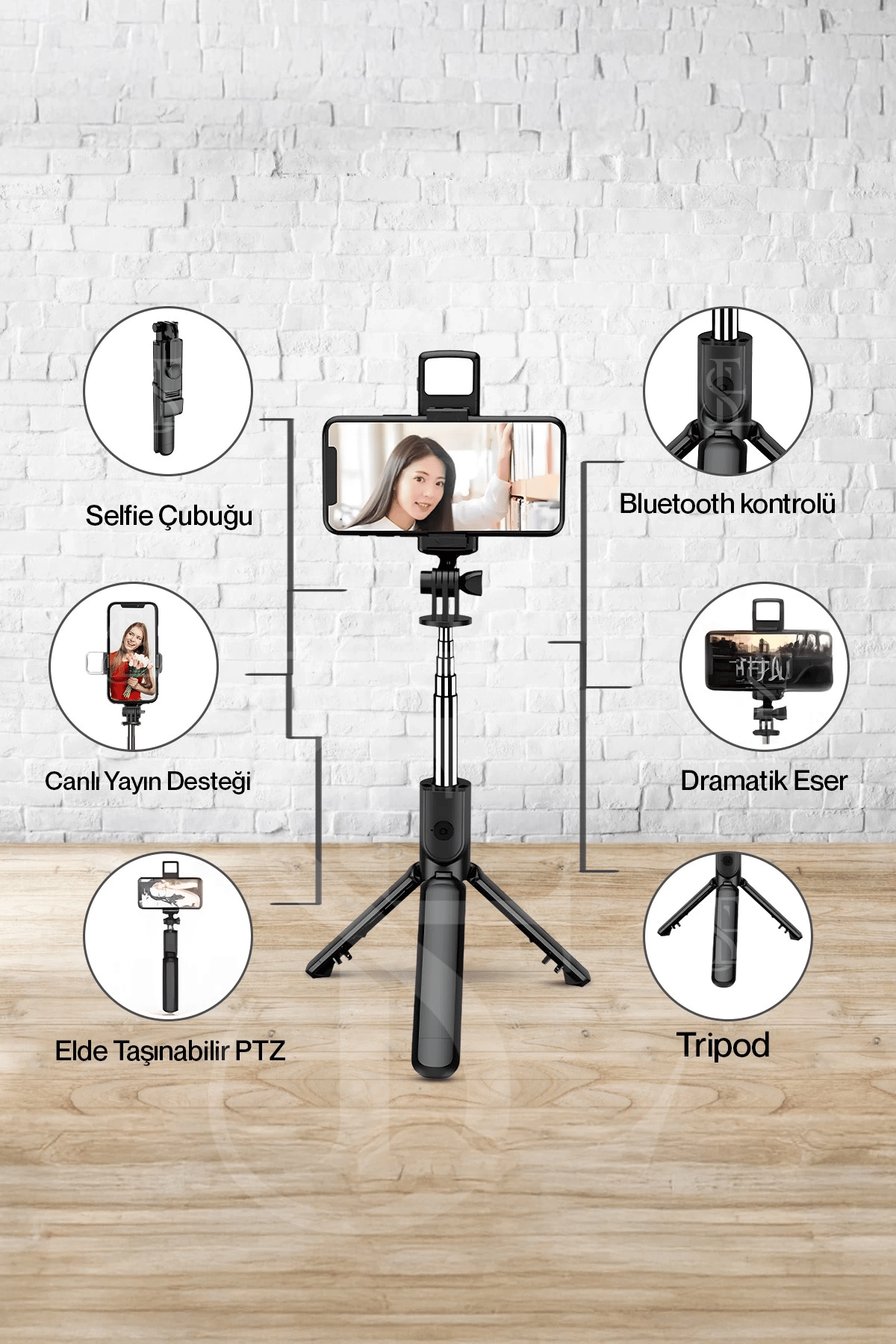 Led Işıklı Selfie Çubuğu Bluetooth Kumandalı Kablosuz Tripot Selfie Monopod Selfie Stick (Pembe)
