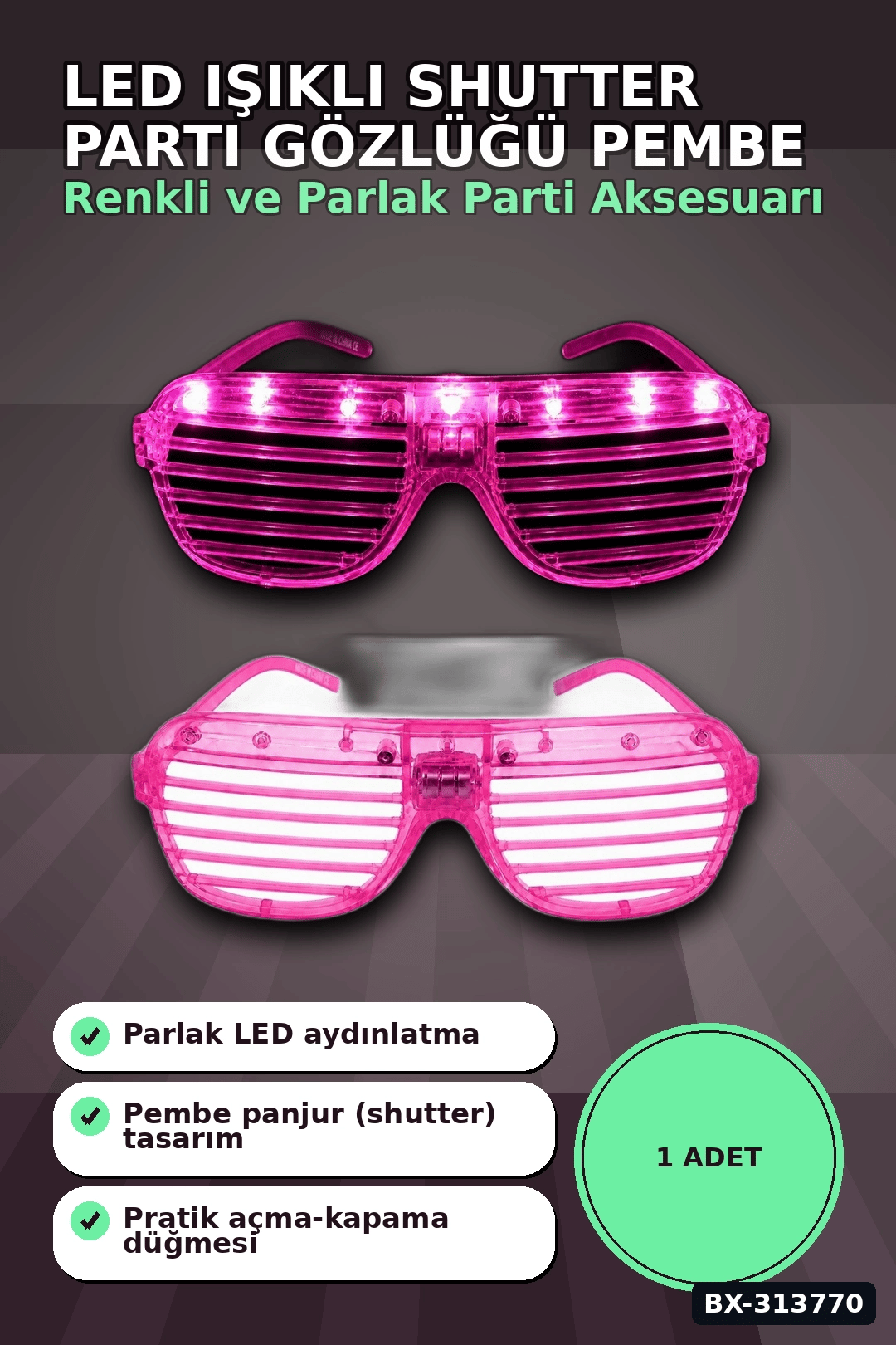 Led Işıklı Shutter Parti Gözlüğü Pembe Renk 1 Adet Pilli Eğlence Aksesuarı BX-313770