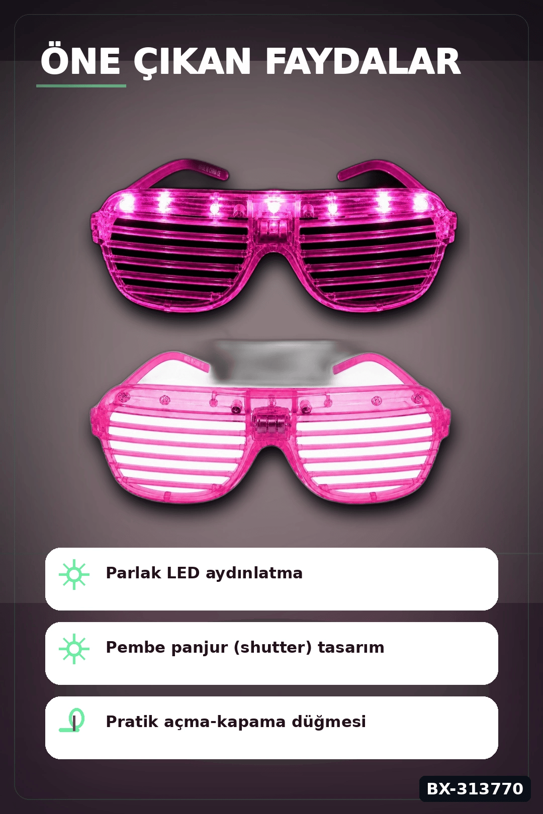 Led Işıklı Shutter Parti Gözlüğü Pembe Renk 1 Adet Pilli Eğlence Aksesuarı BX-313770