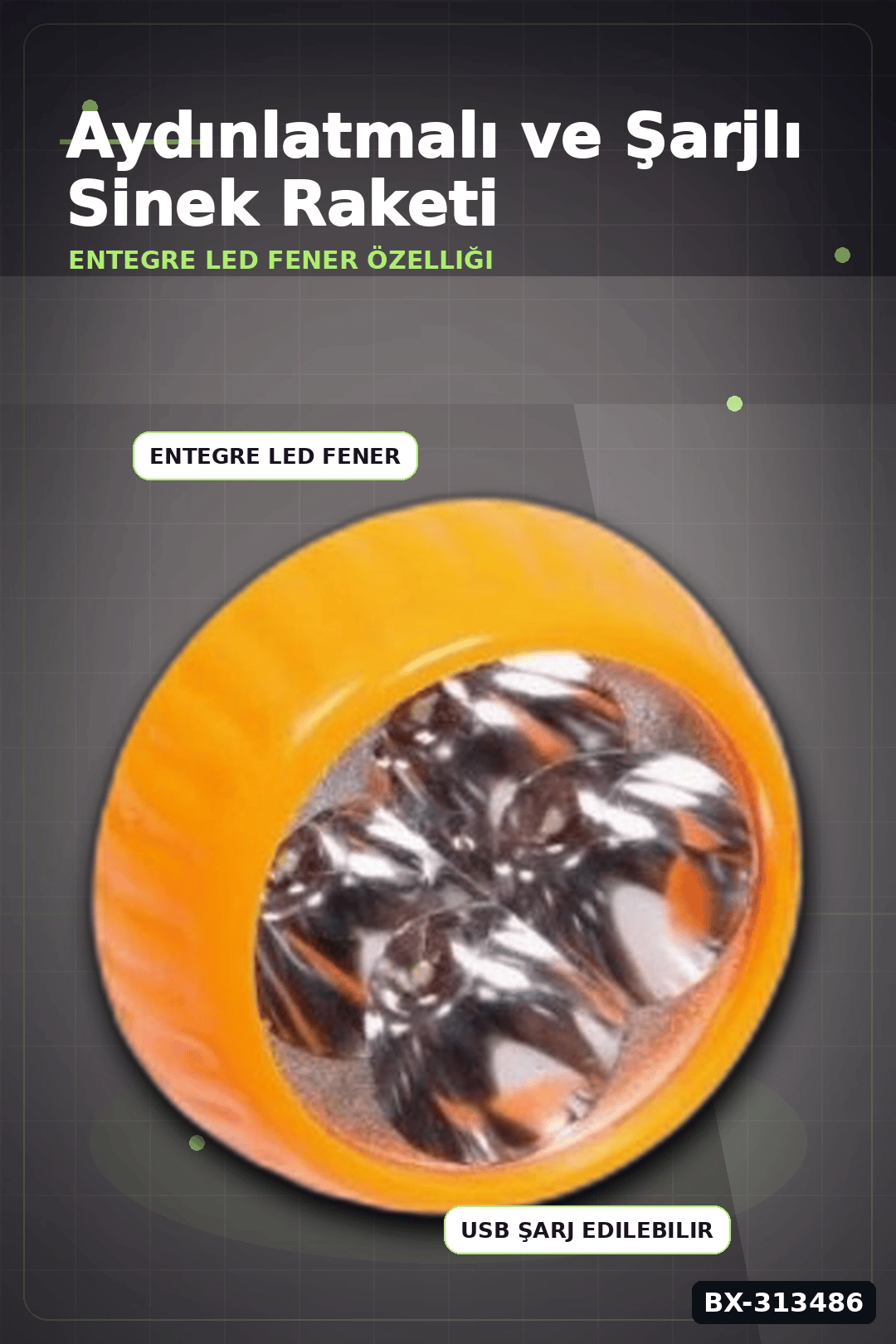 Lityum Bataryalı Sinek Öldürücü Raket - El Feneri ve LED Işıklı, 1 Adet BX-313486