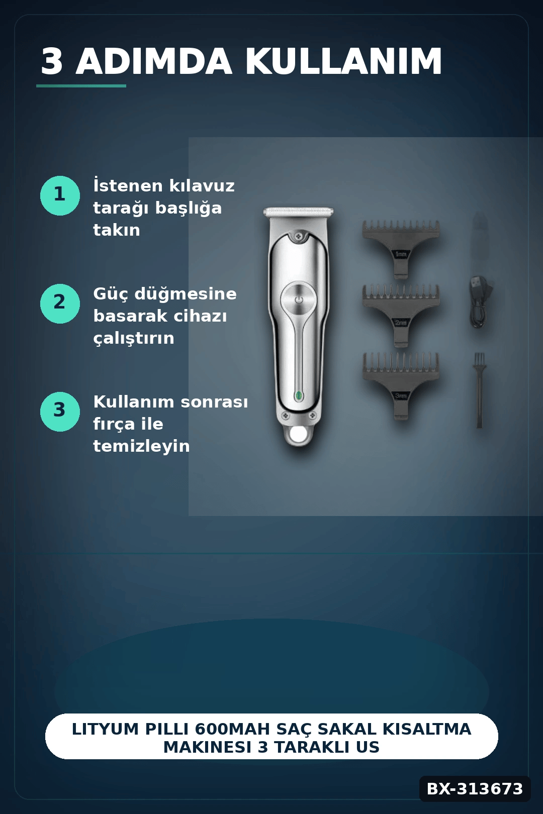 Lityum Pilli 600mAh Saç Sakal Kısaltma Makinesi 3 Taraklı USB Şarj LED Ekran BX-313673