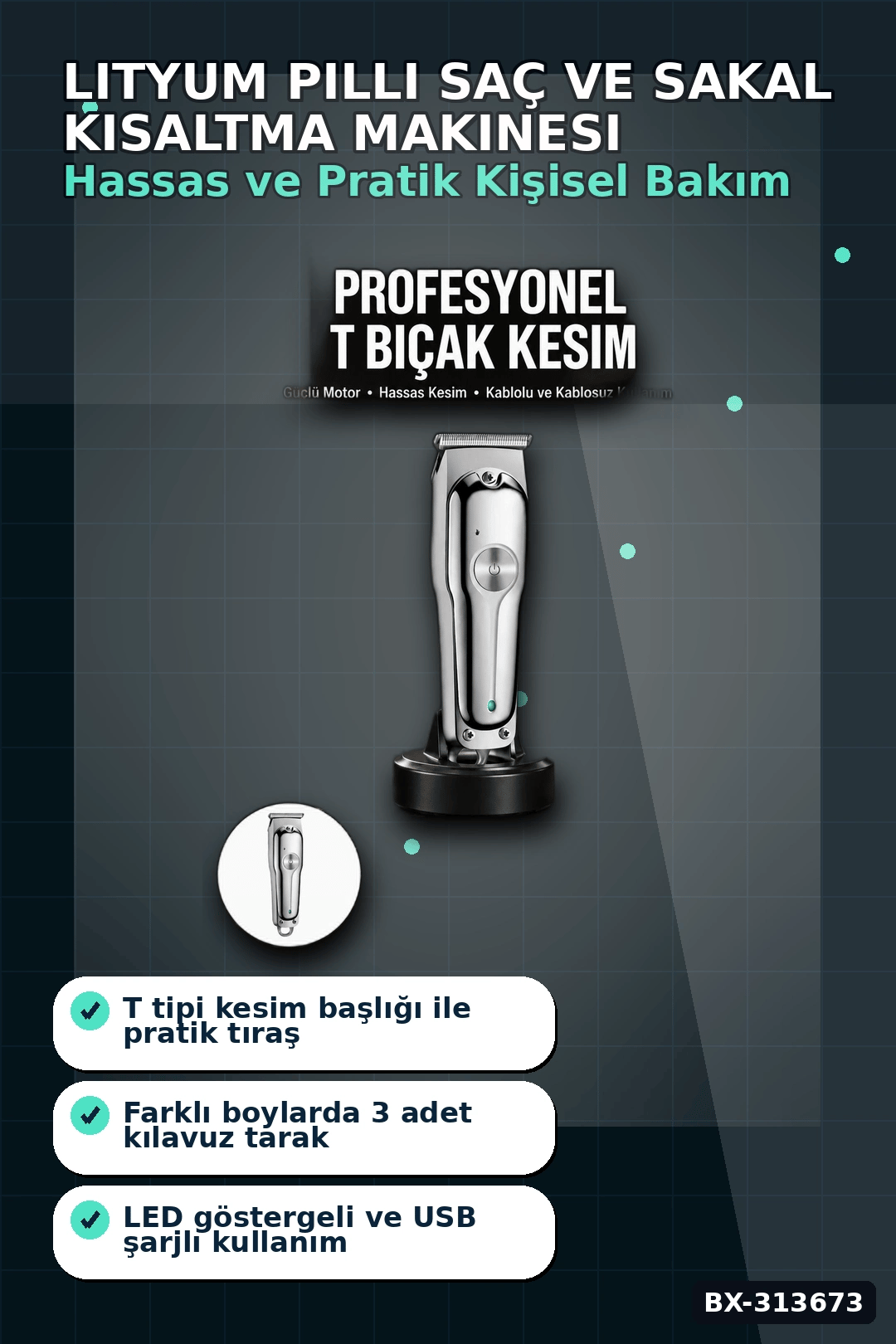 Lityum Pilli 600mAh Saç Sakal Kısaltma Makinesi 3 Taraklı USB Şarj LED Ekran BX-313673