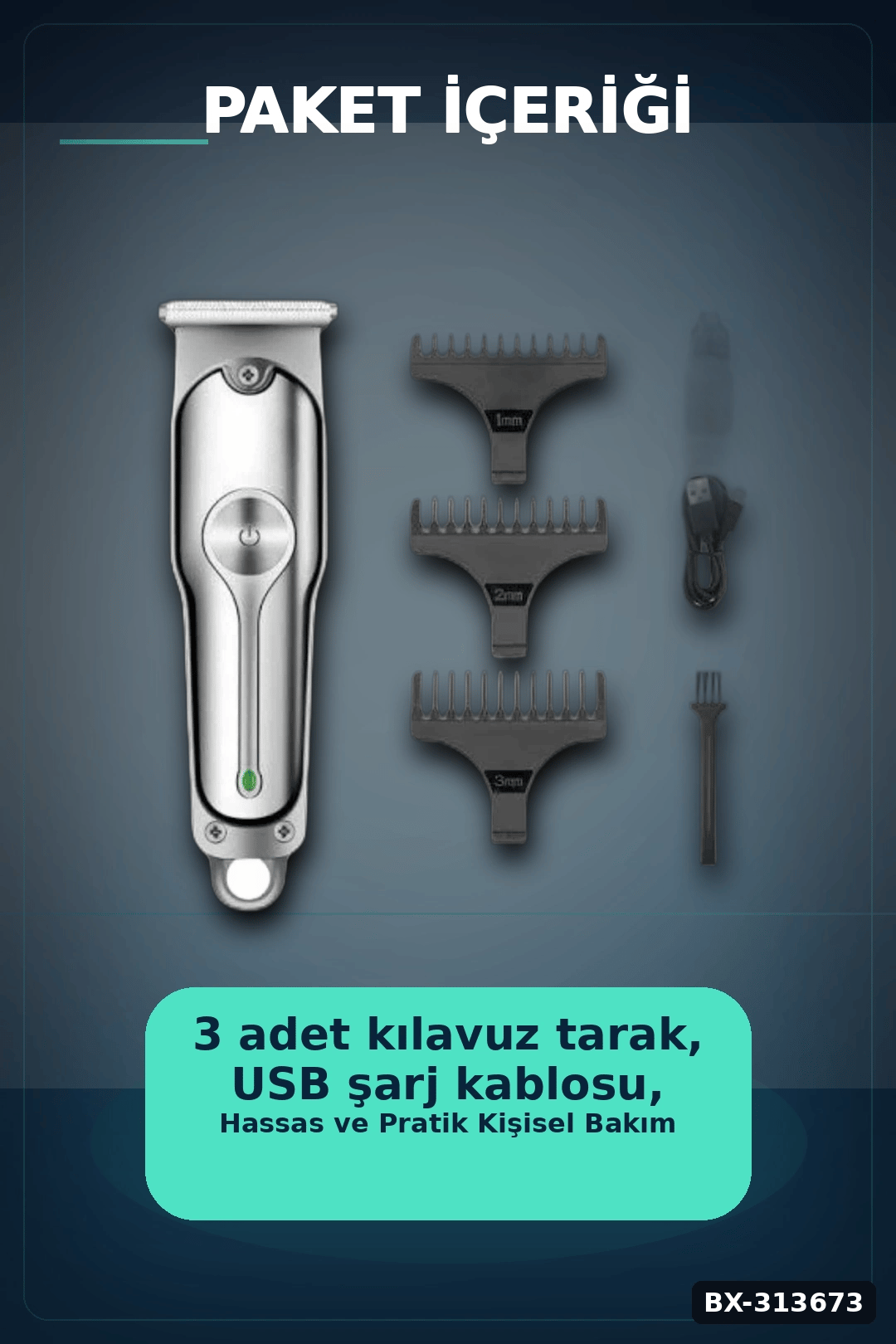 Lityum Pilli 600mAh Saç Sakal Kısaltma Makinesi 3 Taraklı USB Şarj LED Ekran BX-313673