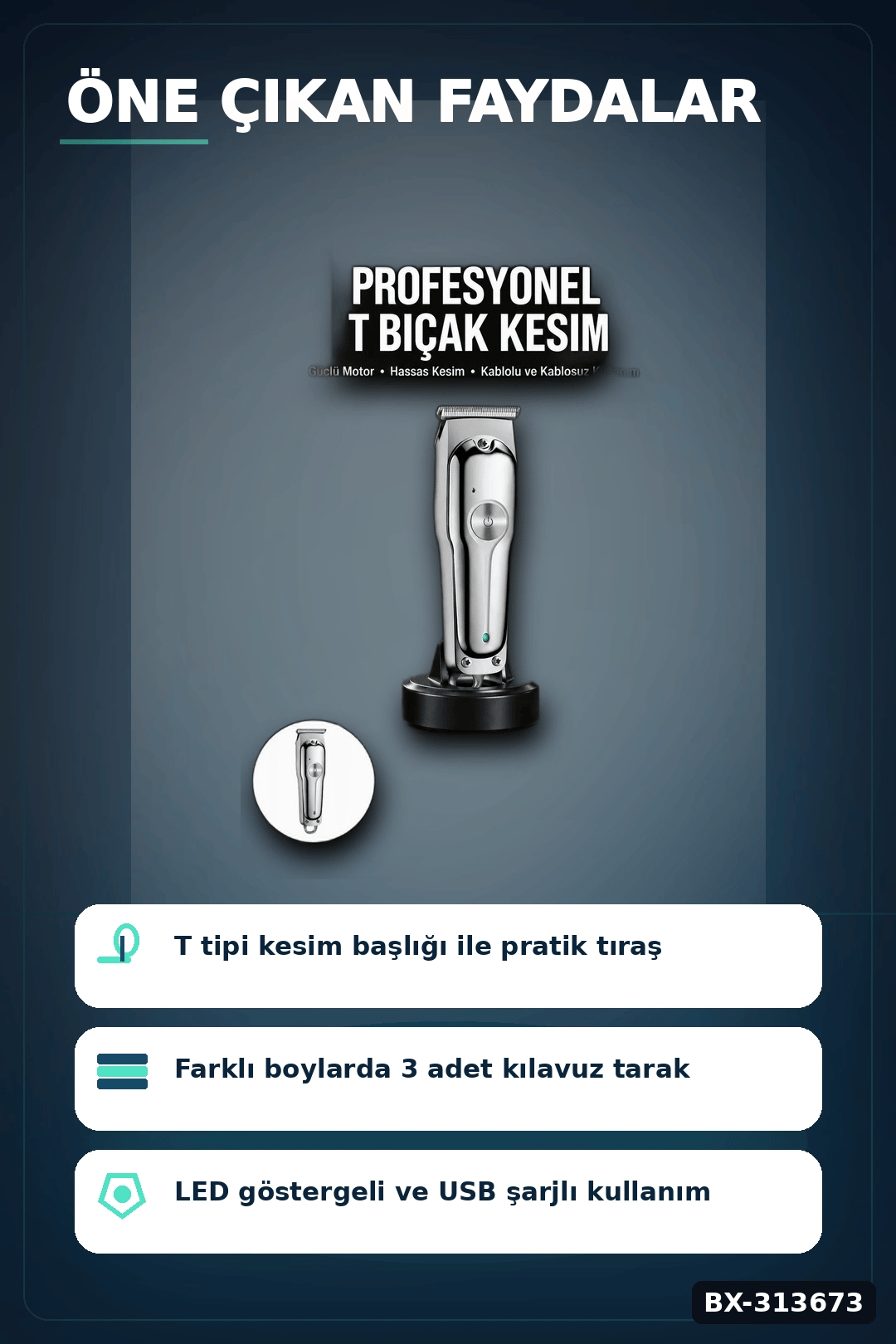 Lityum Pilli 600mAh Saç Sakal Kısaltma Makinesi 3 Taraklı USB Şarj LED Ekran BX-313673