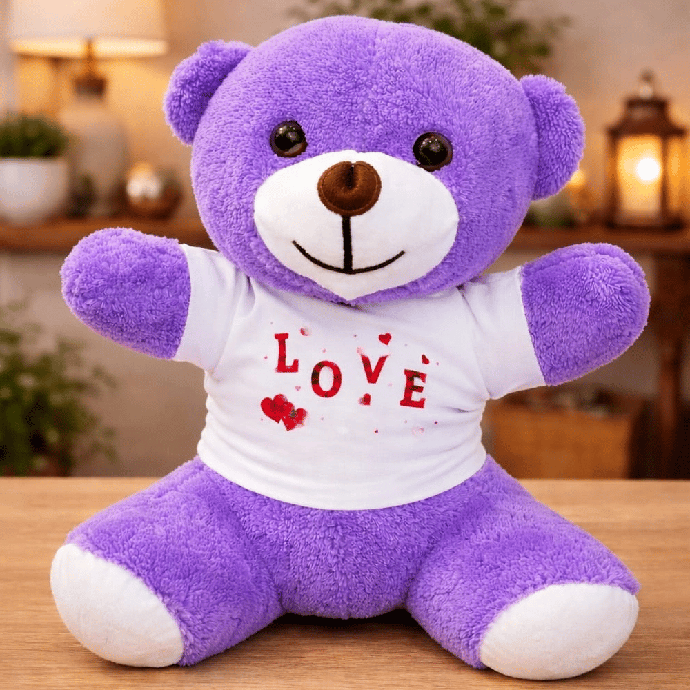 Love Baskılı Tişörtlü Peluş Mor Ayıcık
