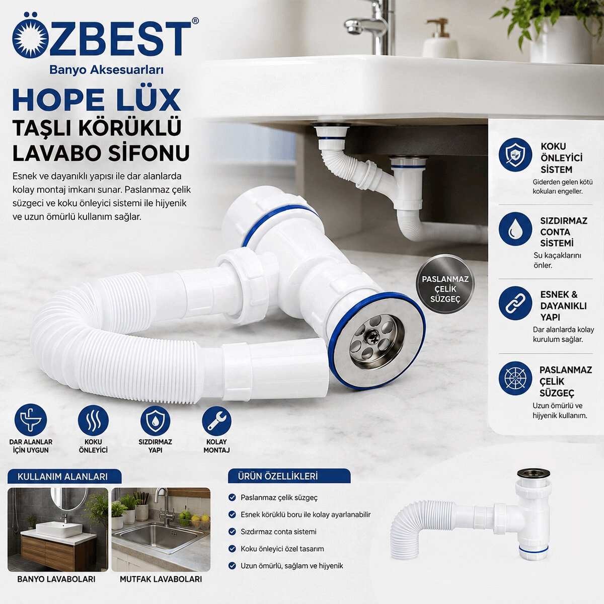 Lüx Paslanmaz Taşlı Körüklü Lavabo Sifon Bx40