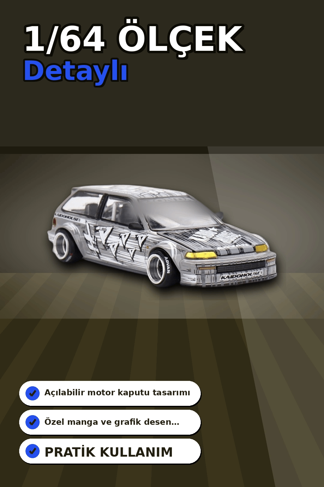 Manga Desenli 1/64 Ölçek Diecast Honda Civic EF Model Araba - Tekli Rastgele Paket BX-313375