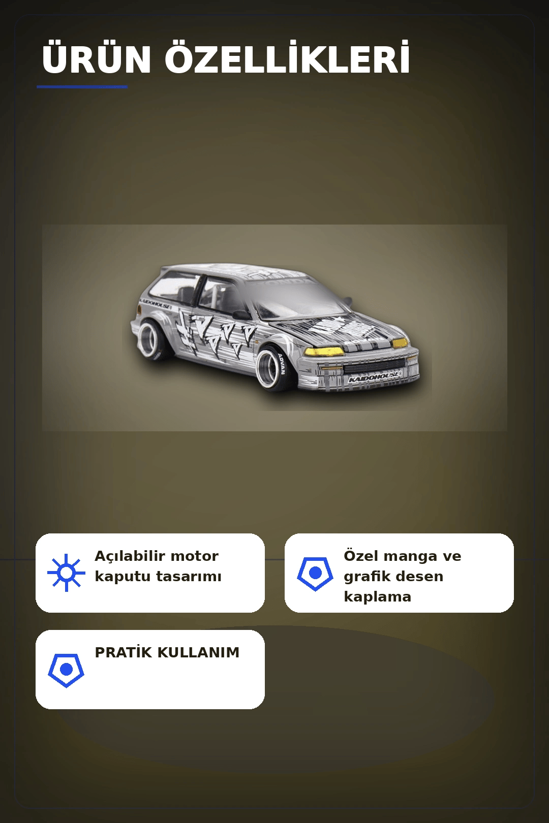 Manga Desenli 1/64 Ölçek Diecast Honda Civic EF Model Araba - Tekli Rastgele Paket BX-313375