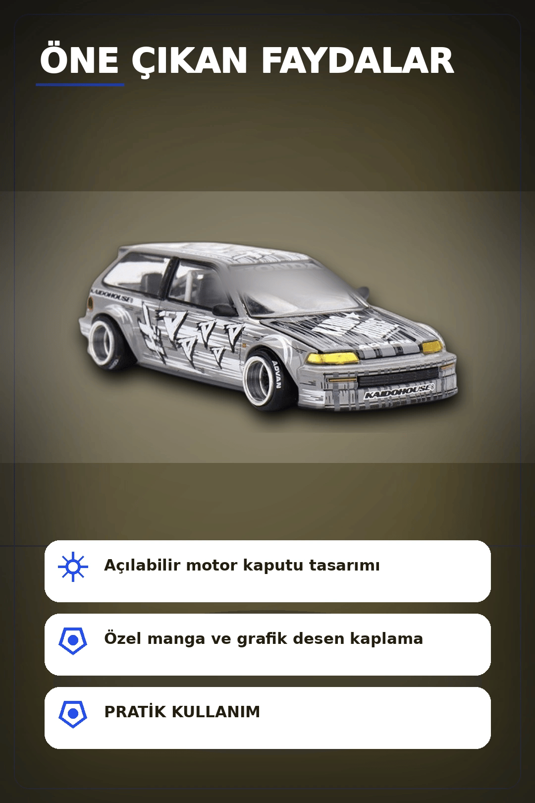 Manga Desenli 1/64 Ölçek Diecast Honda Civic EF Model Araba - Tekli Rastgele Paket BX-313375