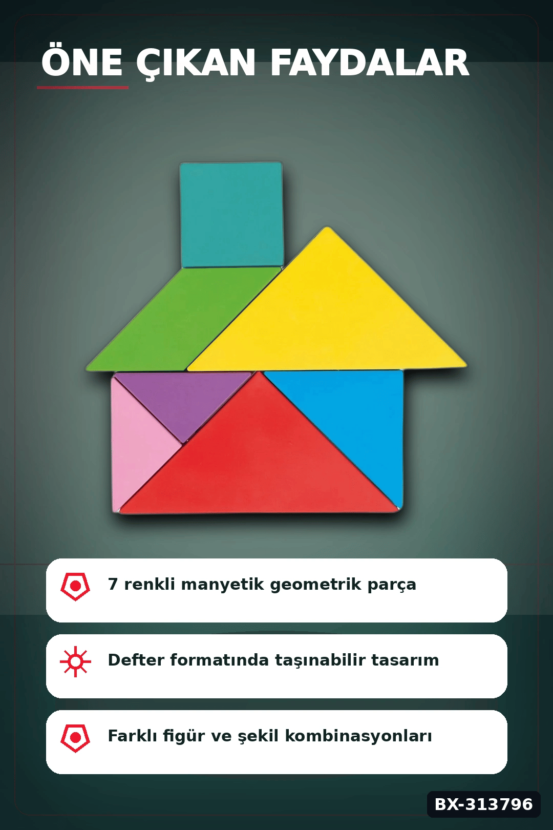 Manyetik Tangram Defteri 7 Ahşap Parça Mıknatıslı - 3+ Yaş Eğitici Zeka Oyunu BX-313796