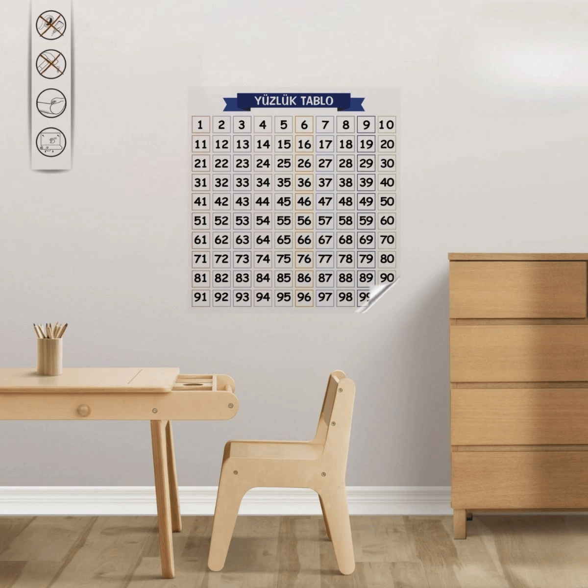 Matematik Öğreten Yüzlük Tablo Duvarda İz Bırakmaz Akıllı Kağıt Yapışkansız Statik  60x60 cm