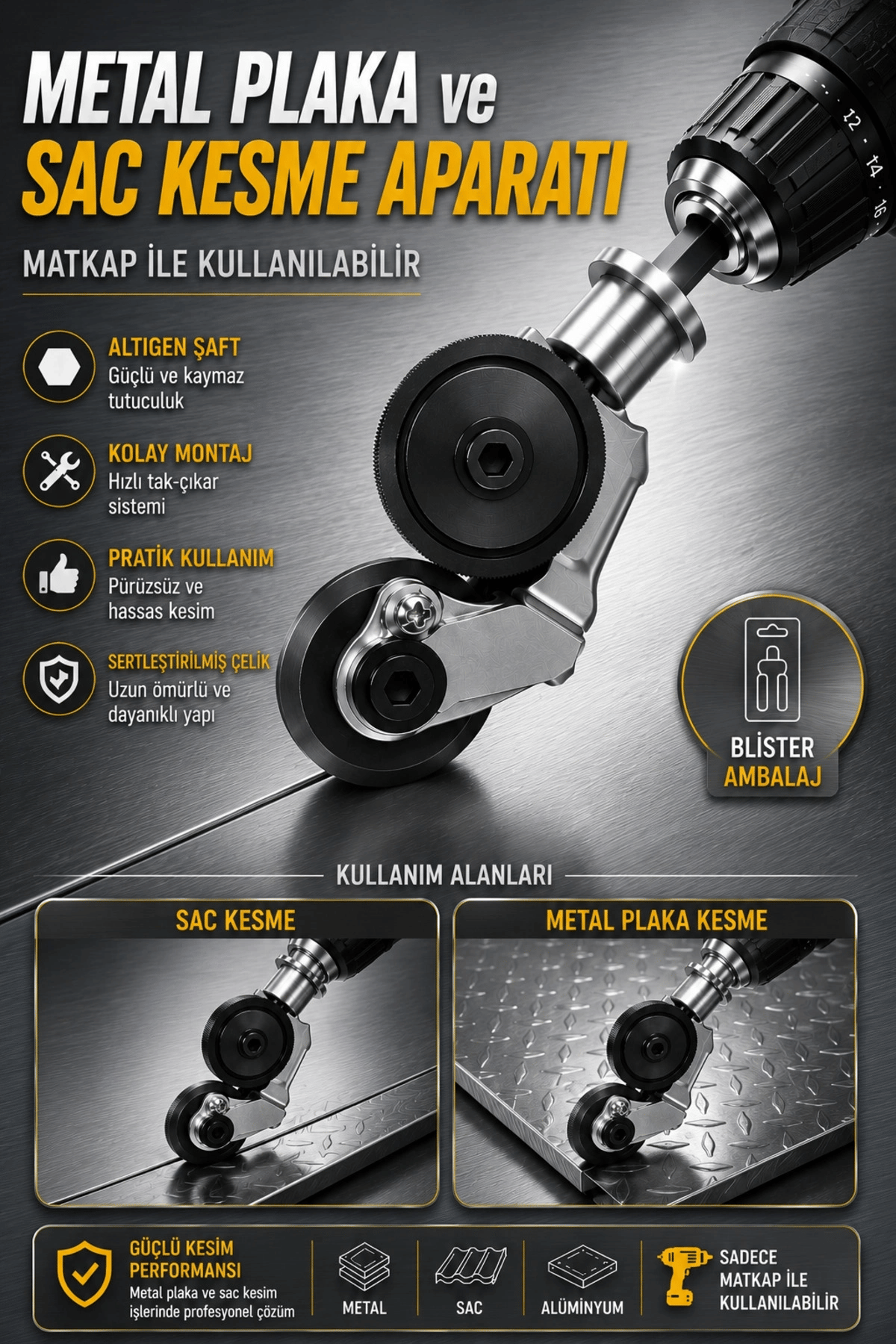 Matkap Ucuna Takılabilen Metal Sac Kesme Aparatı Şarjlı ve Elektrikli Matkap Uyumlu Pratik Kesim Aleti