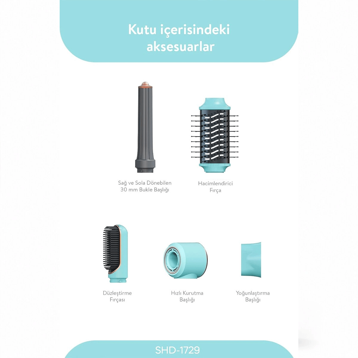 Mavi Air Brush 5in1=bukle-hacimle-düzleştir-2-fırça Saç Kurutma - Şekil Makinesi 1300w 3-kdm.hız Sıcaklık Shd-1729 Bx40