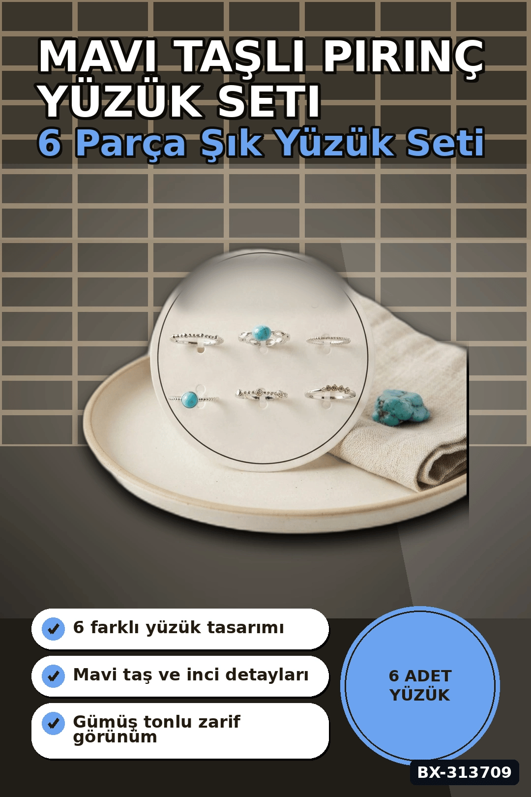Mavi Taşlı Pirinç 6 Parça Yüzük Seti - 7-8 Numara Gümüş Renk Bijuteri Aksesuar BX-313709