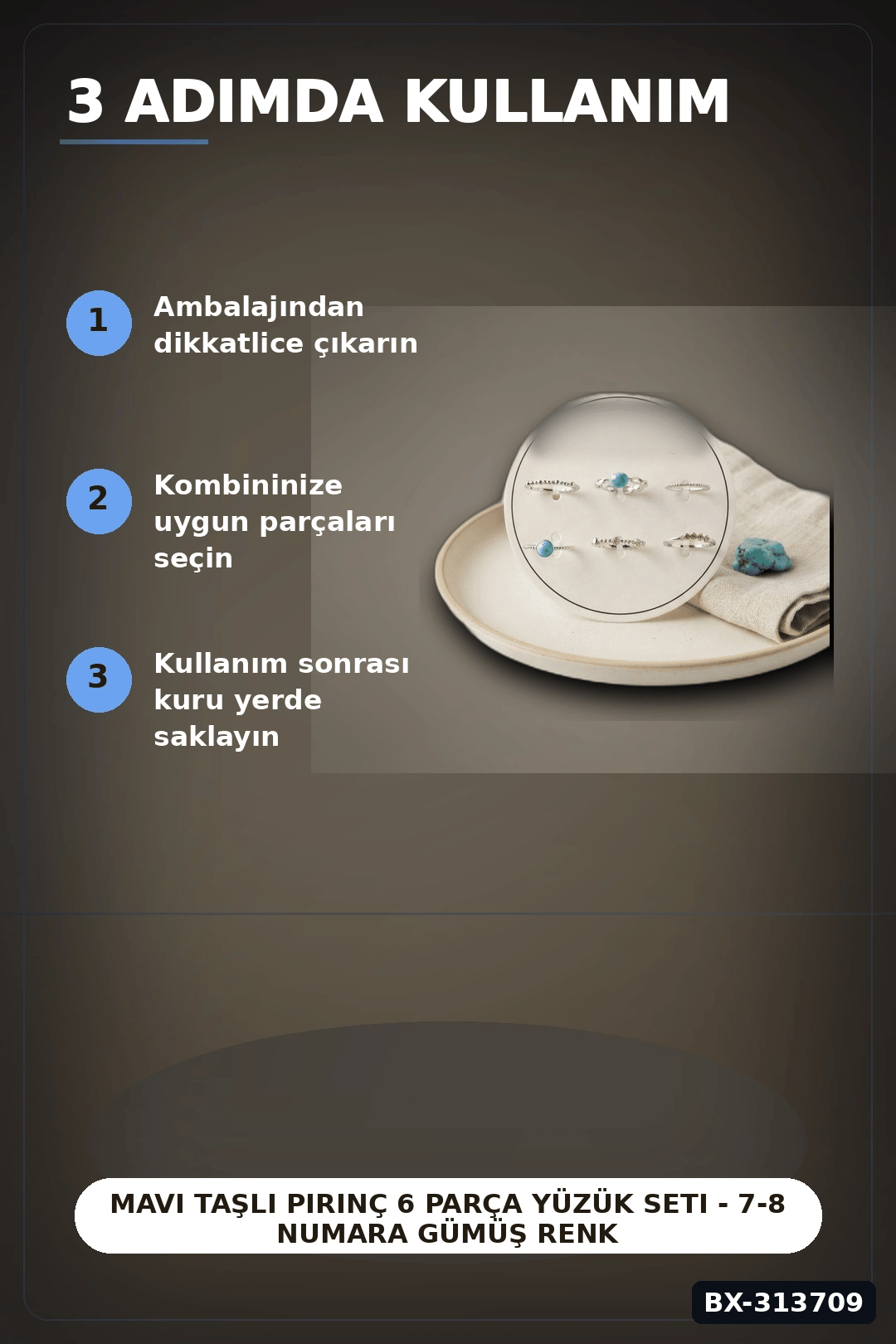 Mavi Taşlı Pirinç 6 Parça Yüzük Seti - 7-8 Numara Gümüş Renk Bijuteri Aksesuar BX-313709