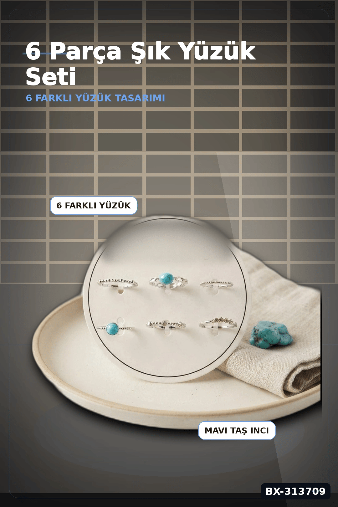 Mavi Taşlı Pirinç 6 Parça Yüzük Seti - 7-8 Numara Gümüş Renk Bijuteri Aksesuar BX-313709