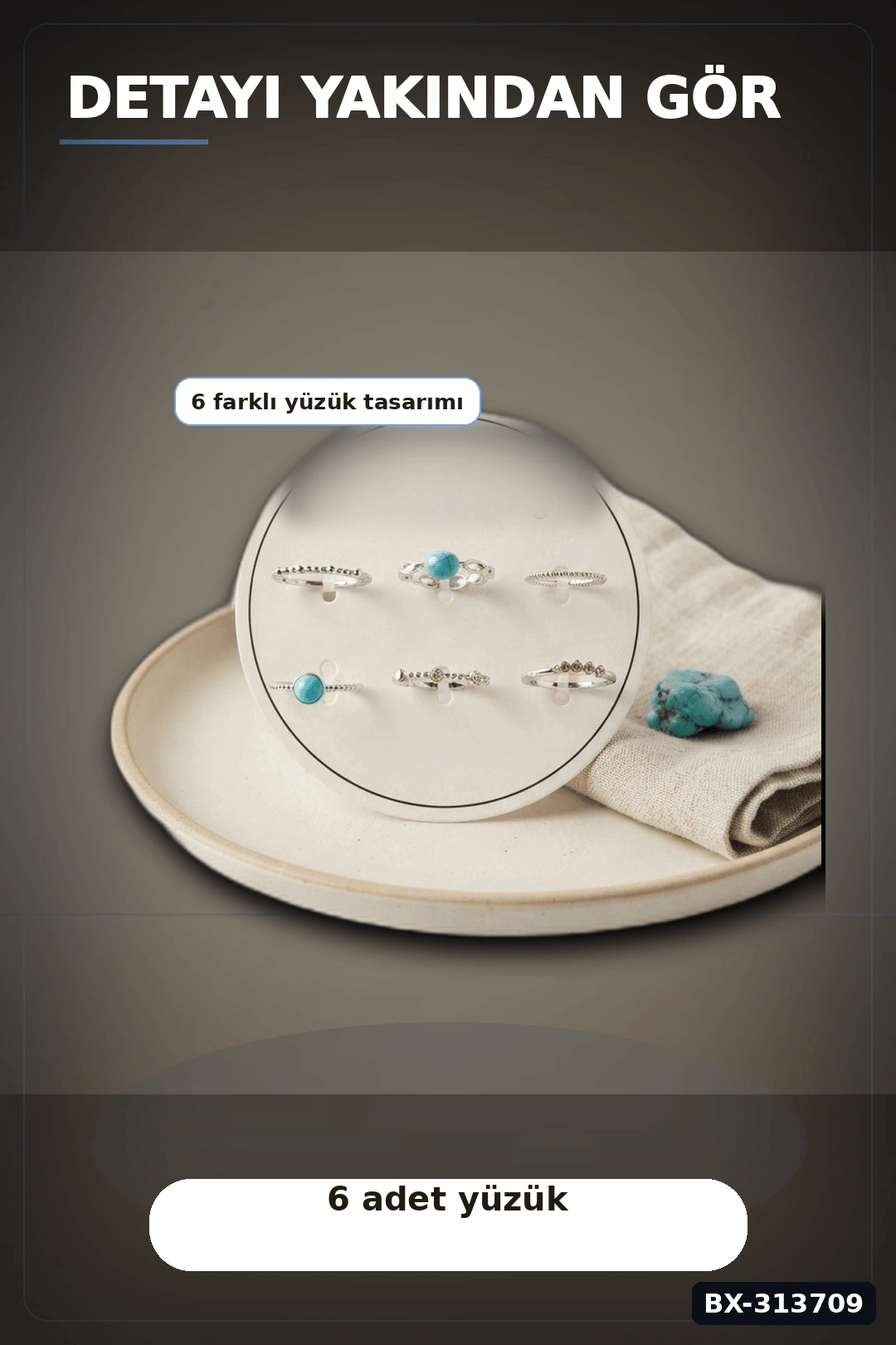 Mavi Taşlı Pirinç 6 Parça Yüzük Seti - 7-8 Numara Gümüş Renk Bijuteri Aksesuar BX-313709