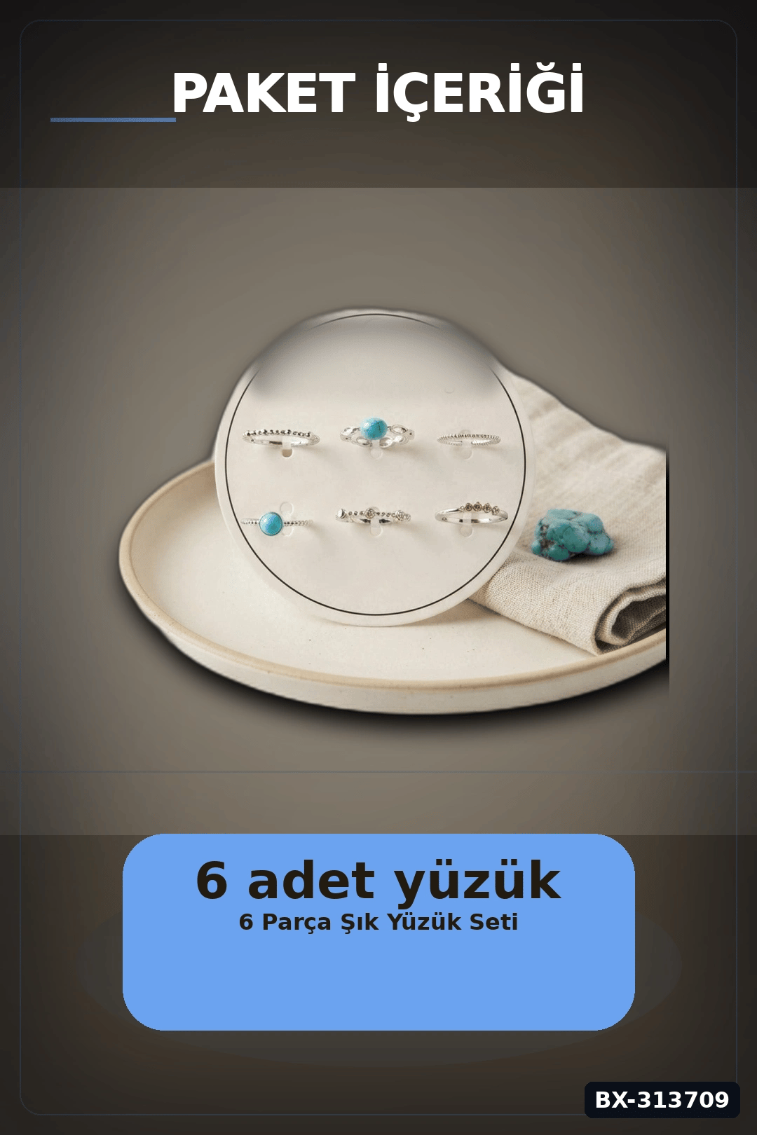 Mavi Taşlı Pirinç 6 Parça Yüzük Seti - 7-8 Numara Gümüş Renk Bijuteri Aksesuar BX-313709