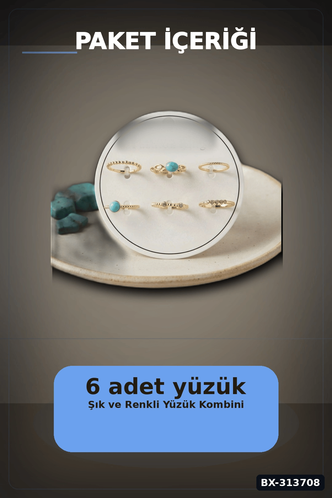 Mavi Taşlı Pirinç Yüzük Seti 6 Adet 7-8 Numara Bayan Bijuteri Takı Hediyelik BX-313708