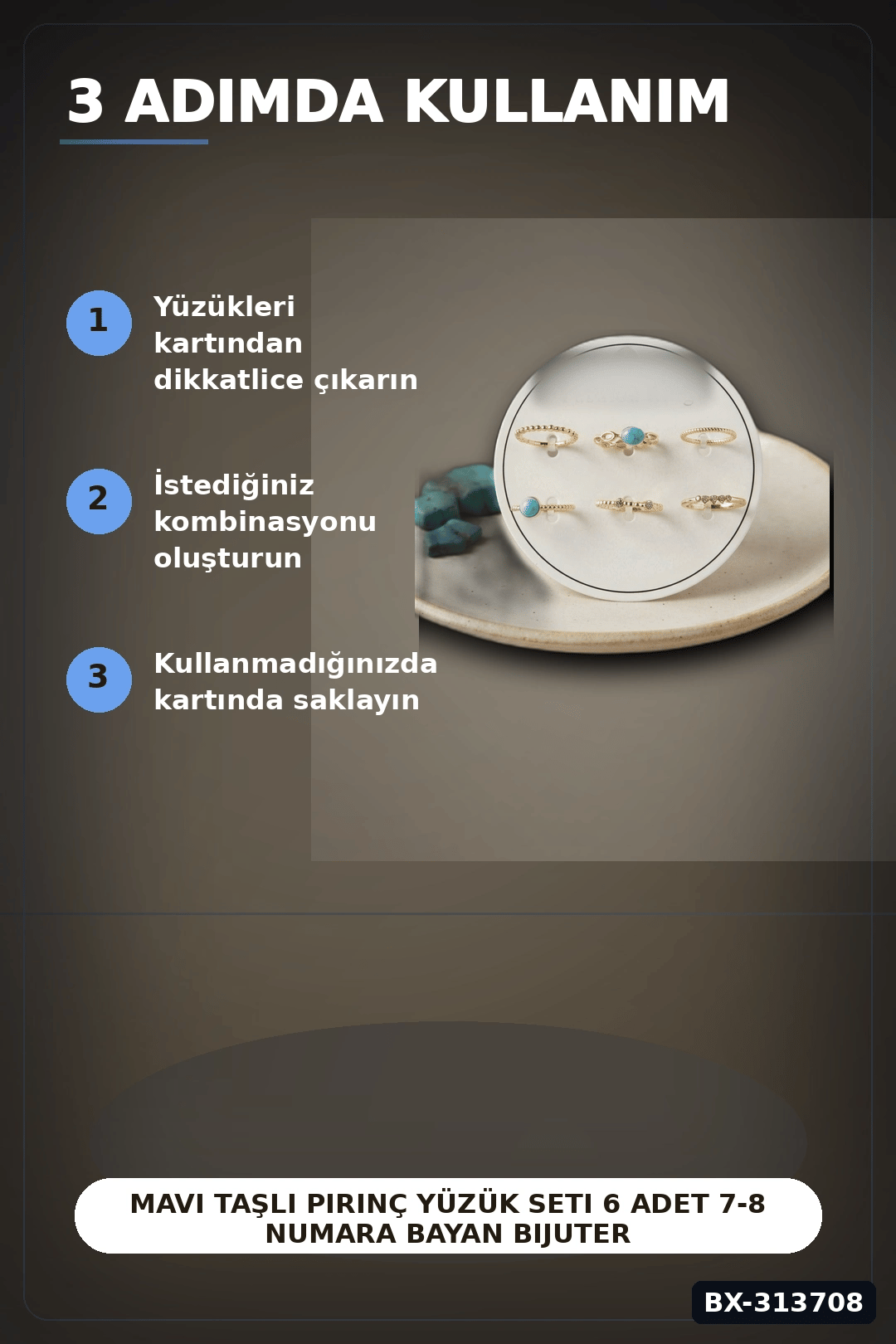 Mavi Taşlı Pirinç Yüzük Seti 6 Adet 7-8 Numara Bayan Bijuteri Takı Hediyelik BX-313708