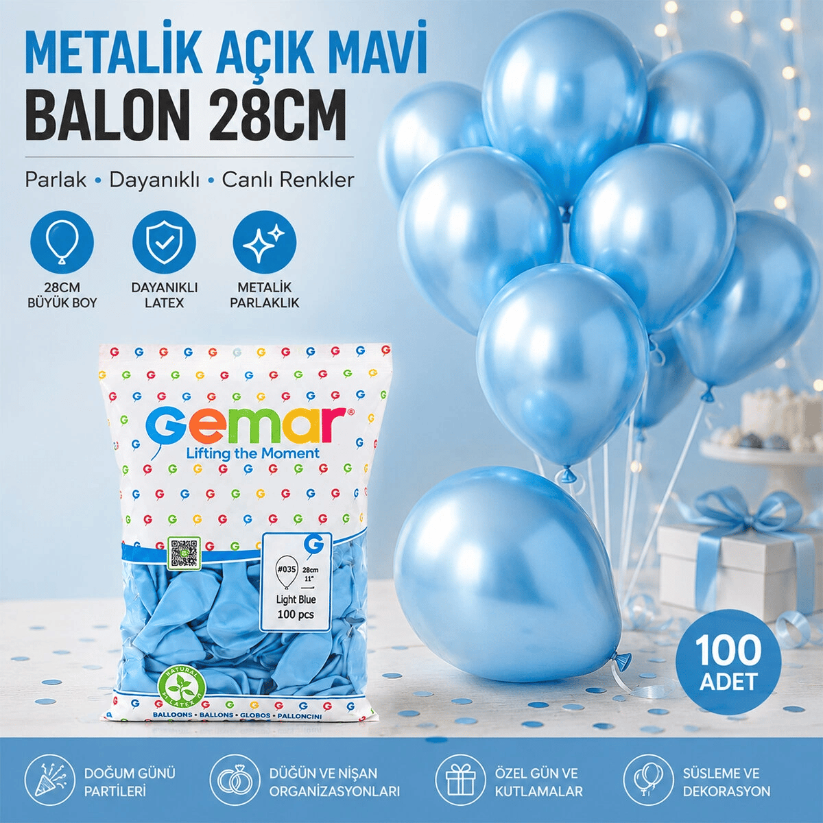 Metalik - Açık Mavi Balon 11 Inc - 28cm - 100pcs Bx40