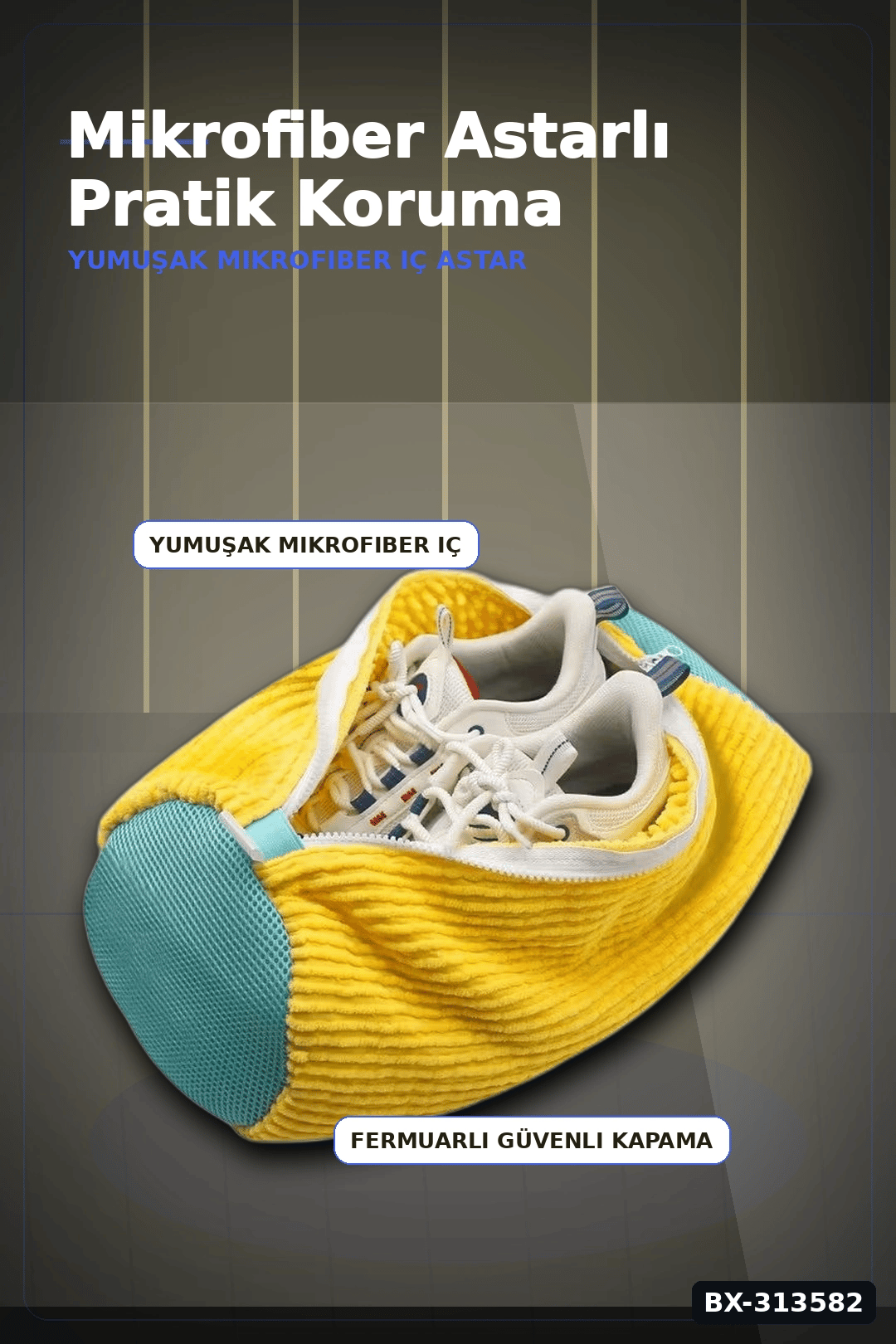 Mikrofiber Astarlı 1 Adet Ayakkabı Yıkama Torbası - Fermuarlı Spor Ayakkabı Koruyucu BX-313582