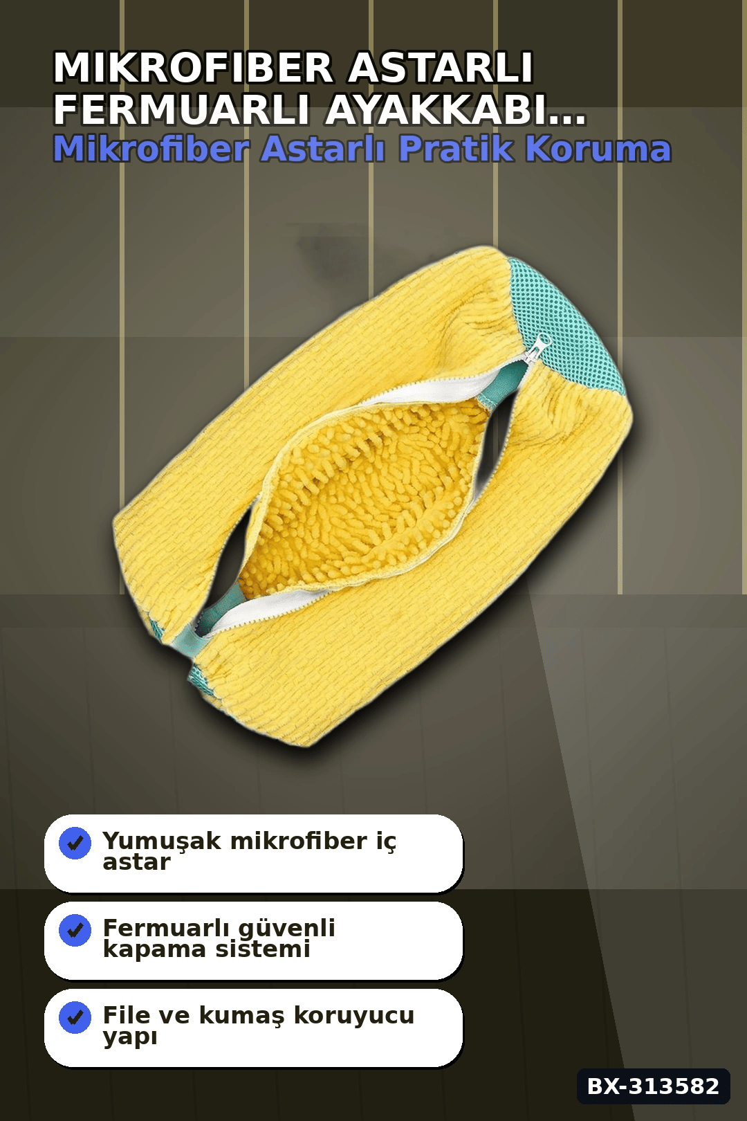 Mikrofiber Astarlı 1 Adet Ayakkabı Yıkama Torbası - Fermuarlı Spor Ayakkabı Koruyucu BX-313582
