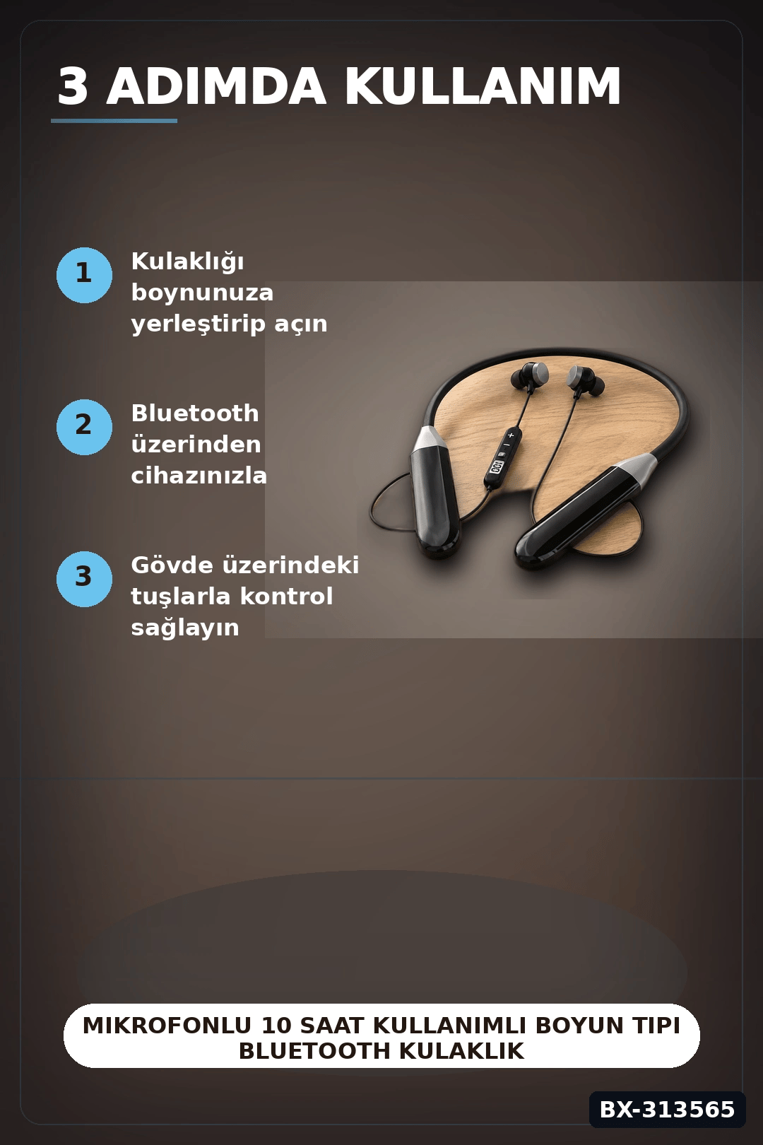 Mikrofonlu 10 Saat Kullanımlı Boyun Tipi Bluetooth Kulaklık Ofis Seyahat BX-313565