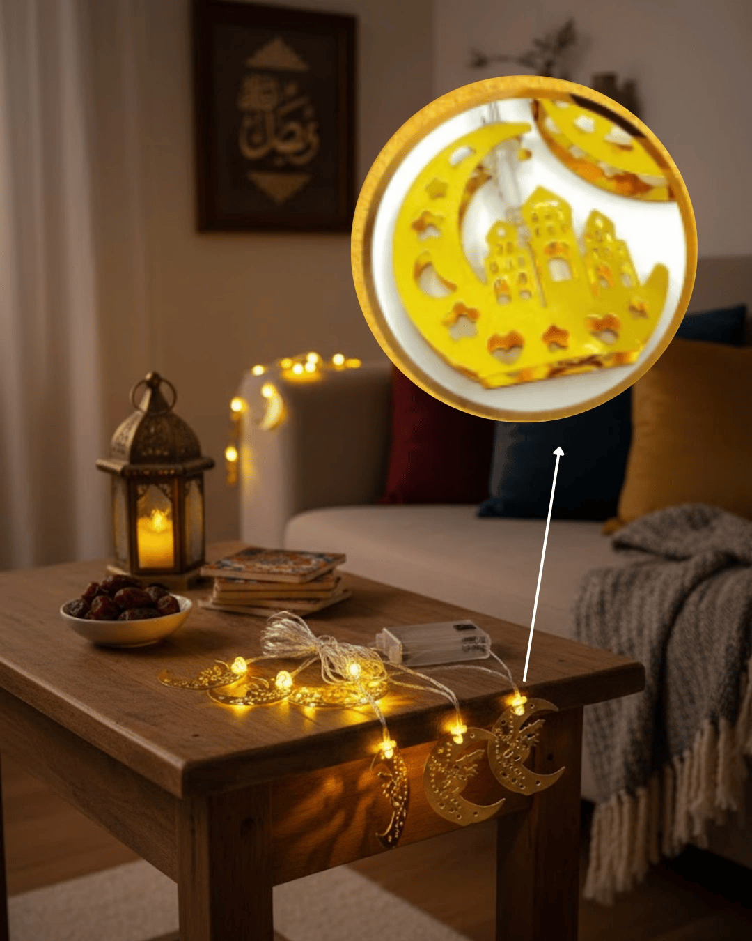 Minareli Hilal LED Işık Gold Metal Gövdeli Pilli Ramazan Dekoru