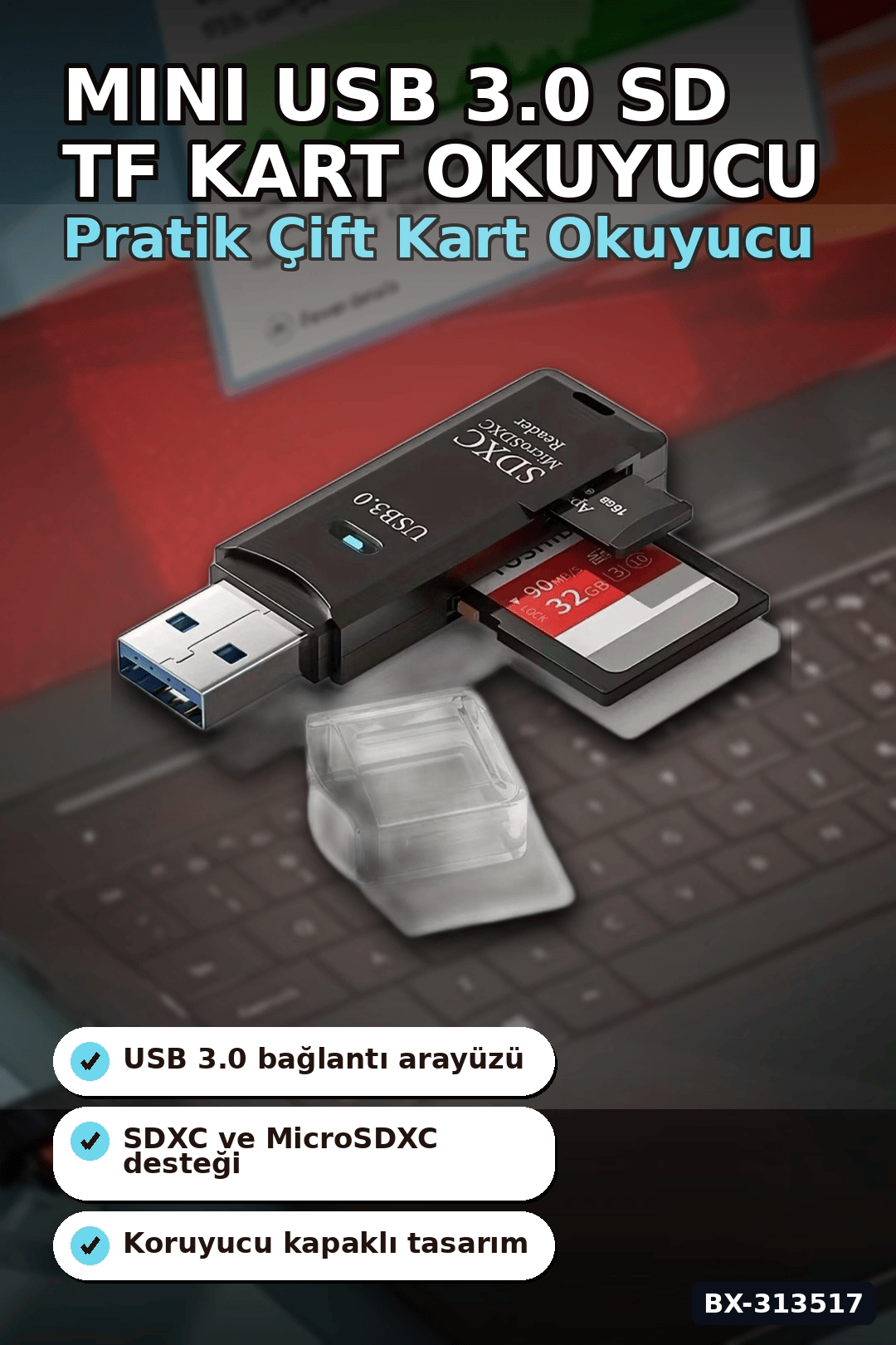 Mini Usb 3.0 Sd Tf Kart Okuyucu Hub Adaptör - 1 Adet Kompakt Veri Aktarıcı Pc Tablet İçin BX-313517