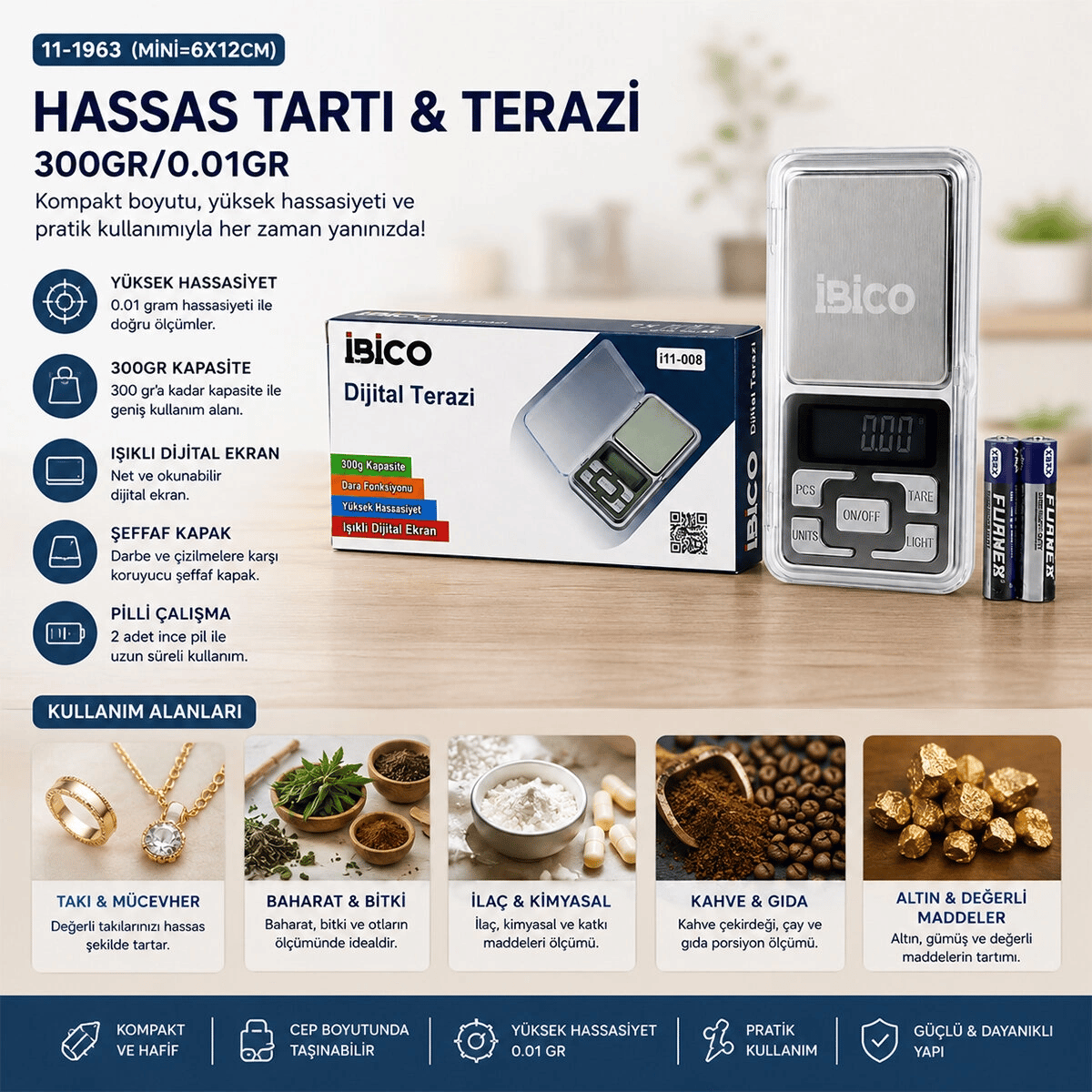 Mini=6x12cm Hassas Tartı - Terazi 300gr/0.01gr Şeffaf Pls.kapaklı - Pilli= 2pcs İnce Bx40