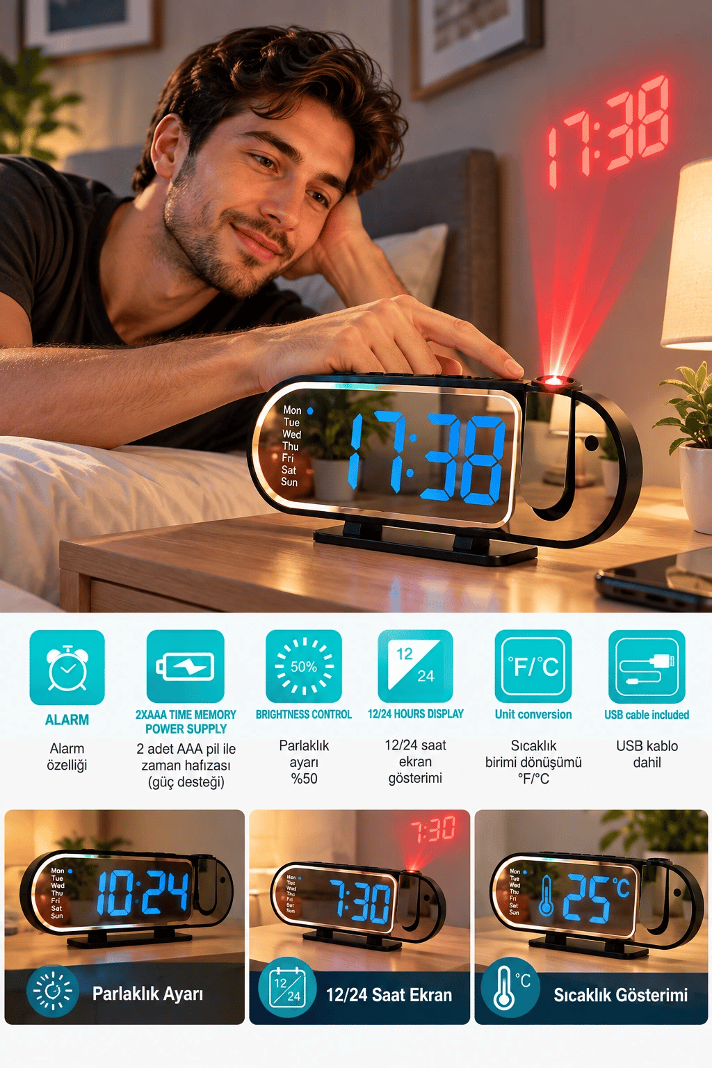 Modern LED Masa Saati Dijital Ekranlı Alarm Parlaklık Ayarlı 12 24 Saat Sıcaklık Göstergeli