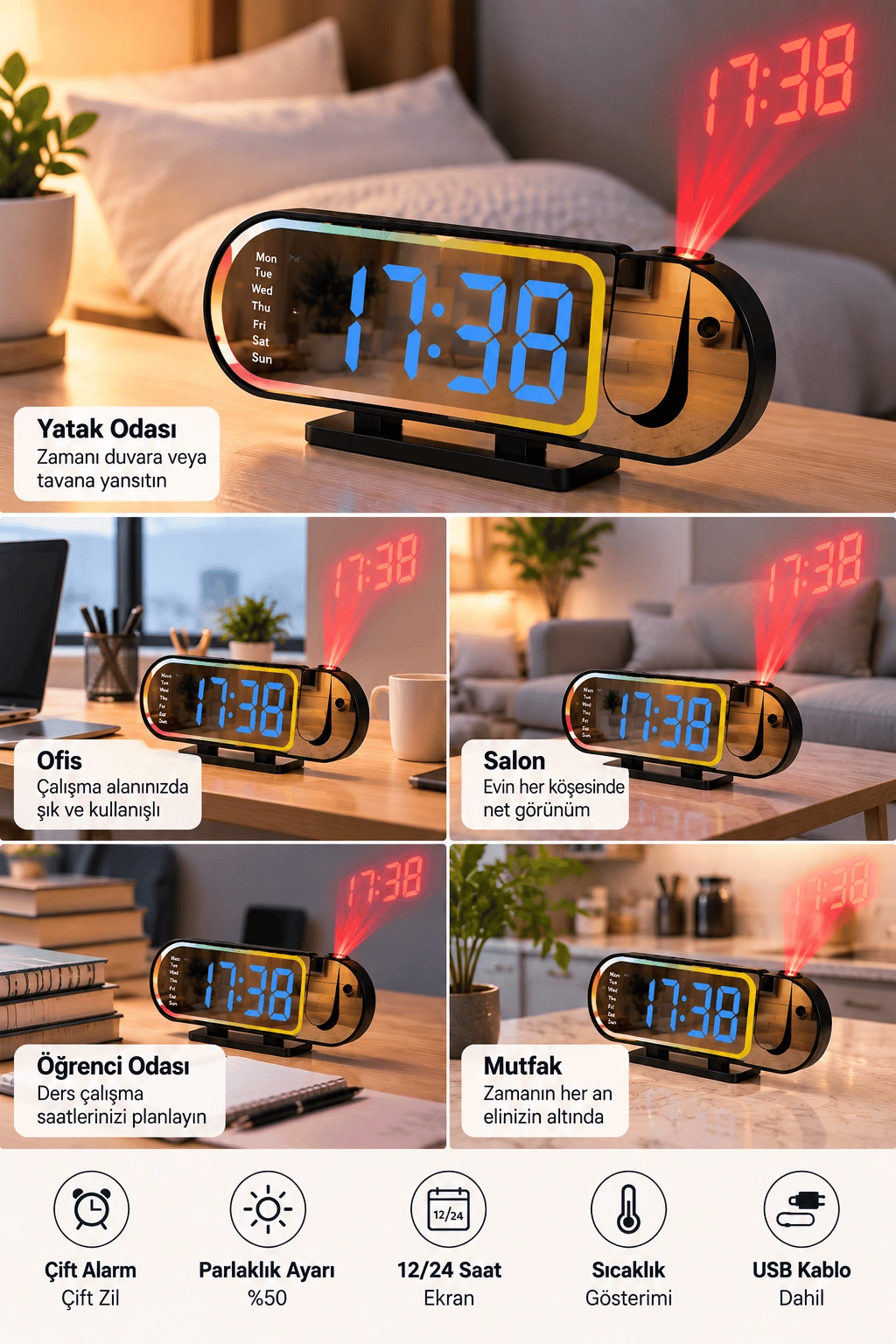Modern LED Masa Saati Dijital Ekranlı Alarm Parlaklık Ayarlı 12 24 Saat Sıcaklık Göstergeli