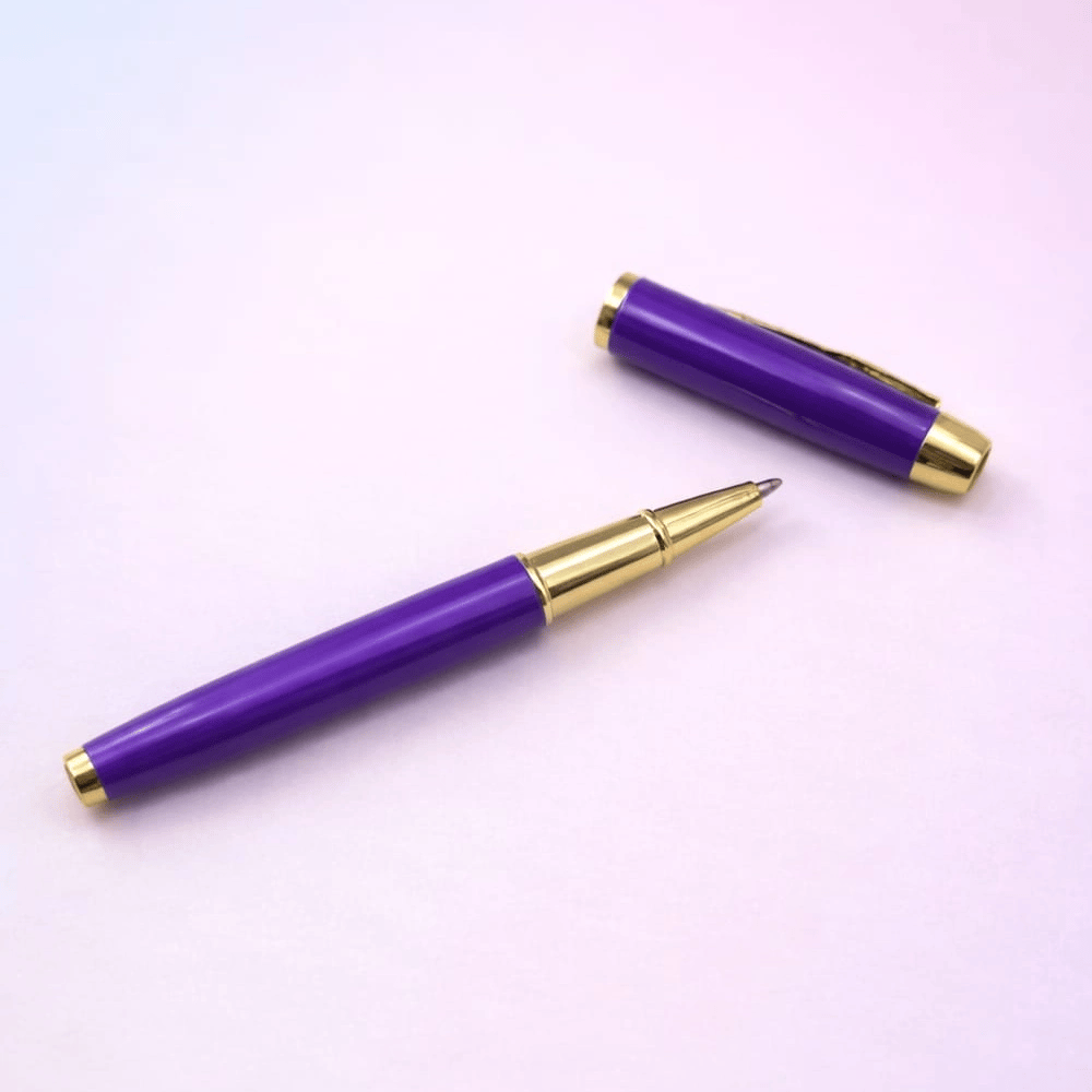 Mor Yaprak Desenli Deri Defter - Roller Metal Kalem - Özel Hediye Seti