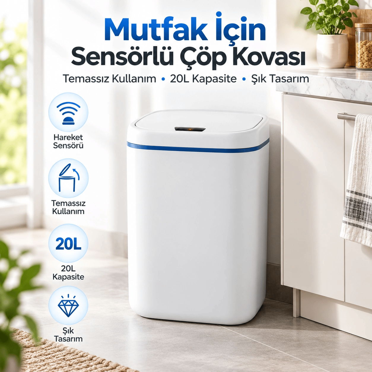 Mutfak İçin 20L Sensörlü Otomatik Kapaklı Çöp Kovası