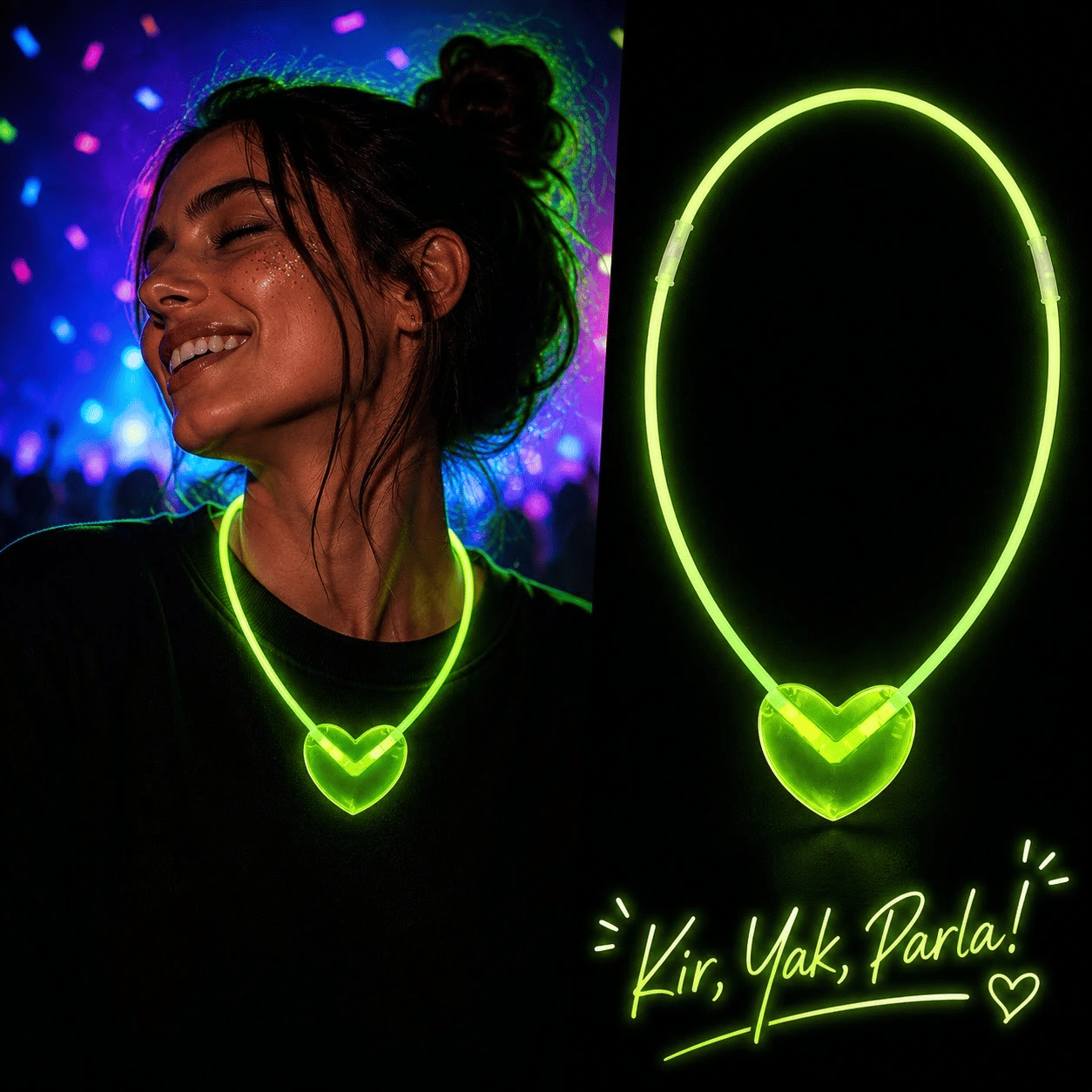 Neon Işıklı Fosforlu Kalp Parti Kolyesi Yeşil Renk Bx40