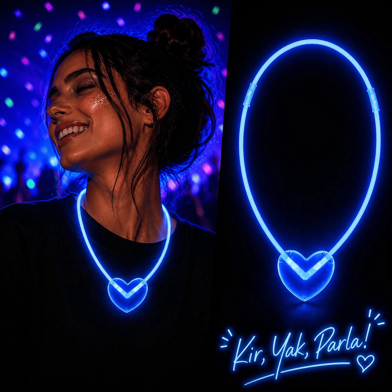 Neon Işıklı Fosforlu Kalp Parti Kolyesi Mavi Renk Bx40