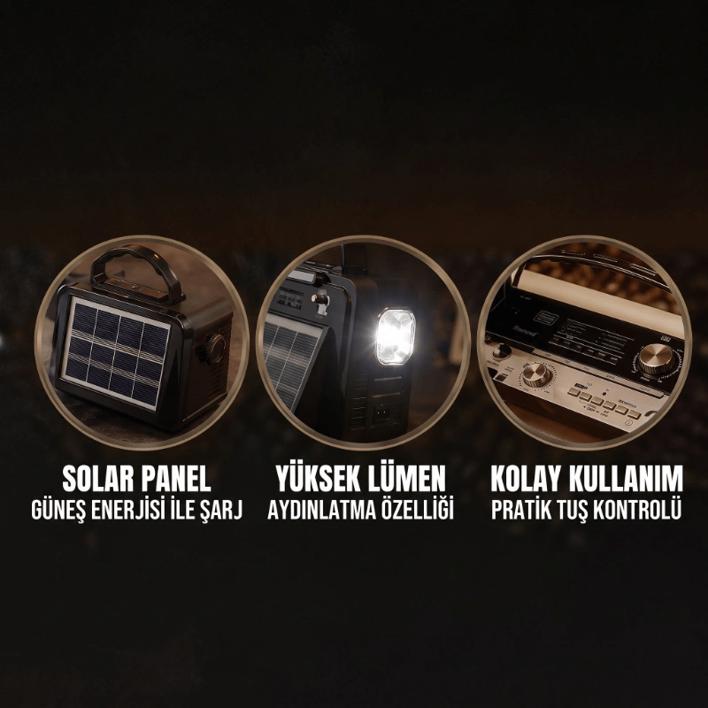 Nostalji Müzik Kutusu - Solar Panelli - Şarjlı - AUX Girişi - LED Fener - Bluetooth