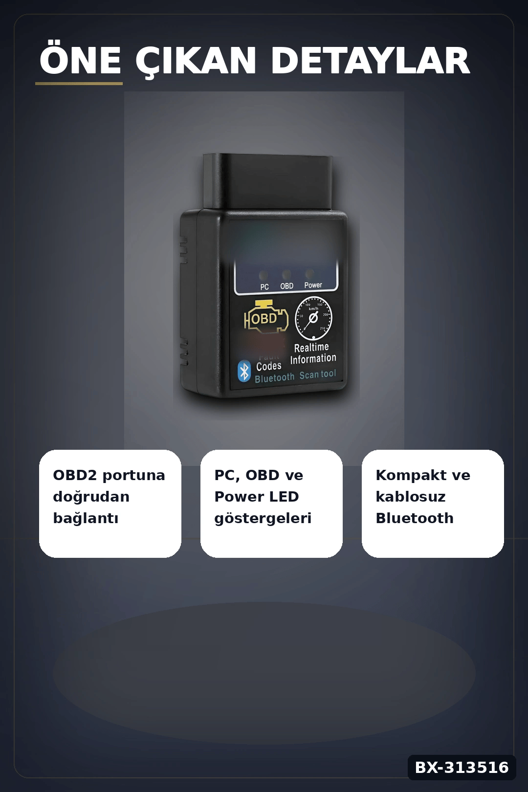 OBD2 Bluetooth Araç Arıza Tespit Cihazı - Motor Check Engine Okuyucu ve Sıfırlama BX-313516