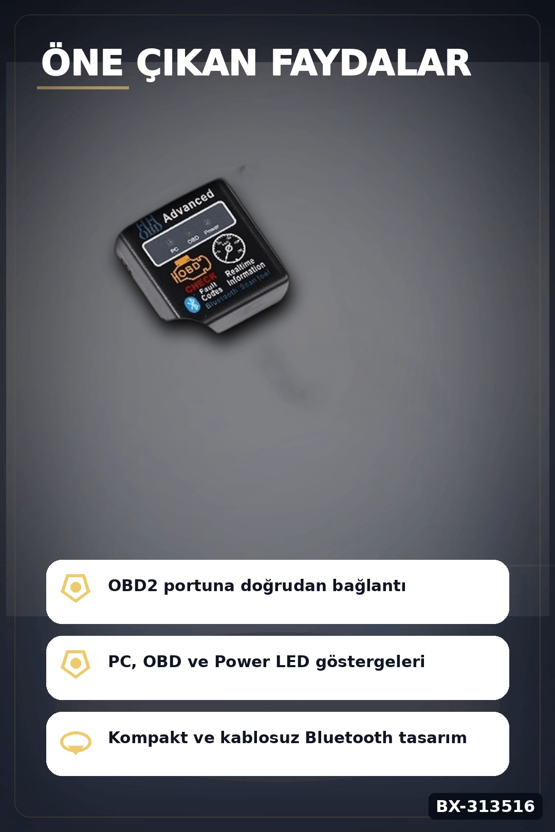 OBD2 Bluetooth Araç Arıza Tespit Cihazı - Motor Check Engine Okuyucu ve Sıfırlama BX-313516