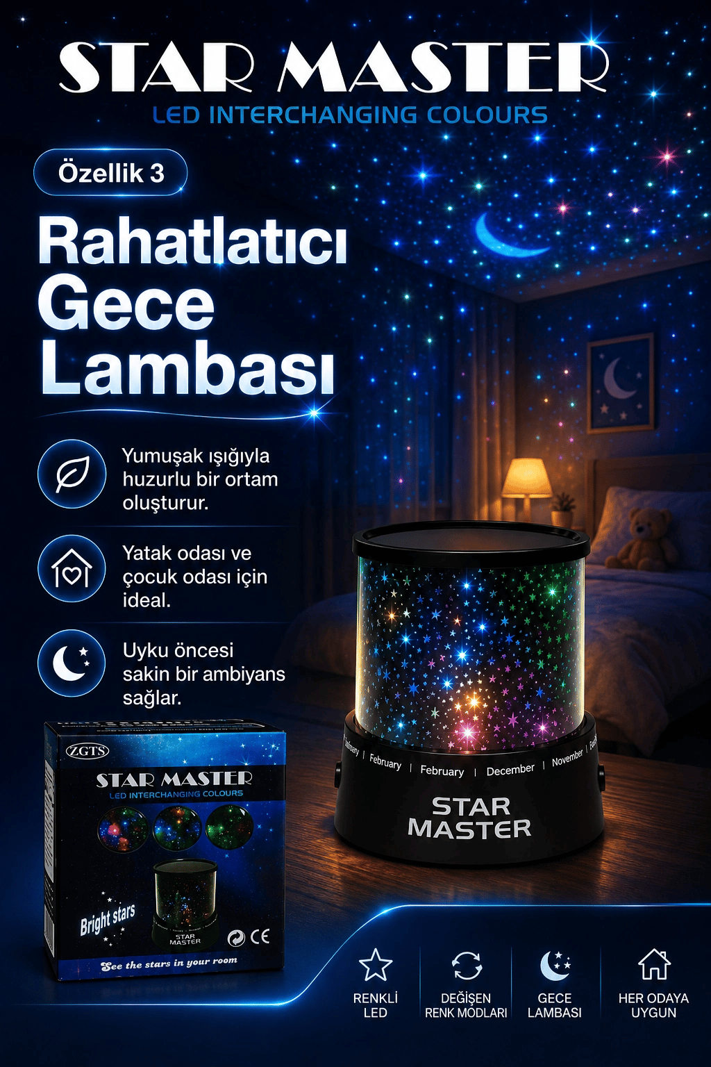Oda İçin Yıldız Efektli LED Gece Lambası Renkli Işık Yansıtan Dekoratif Projektör