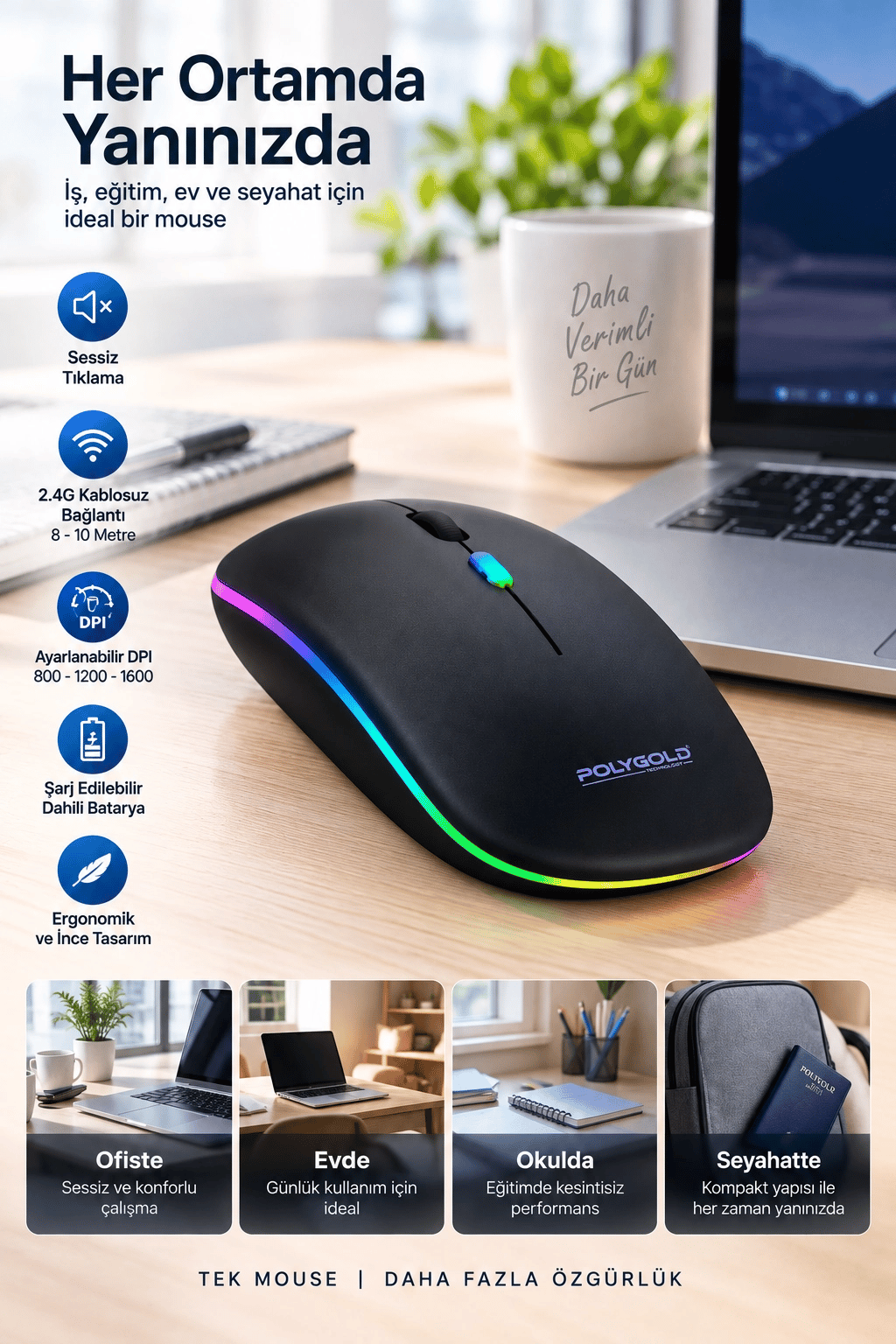 Ofis Ev Okul Kullanımına Uygun Şarjlı Kablosuz Mouse