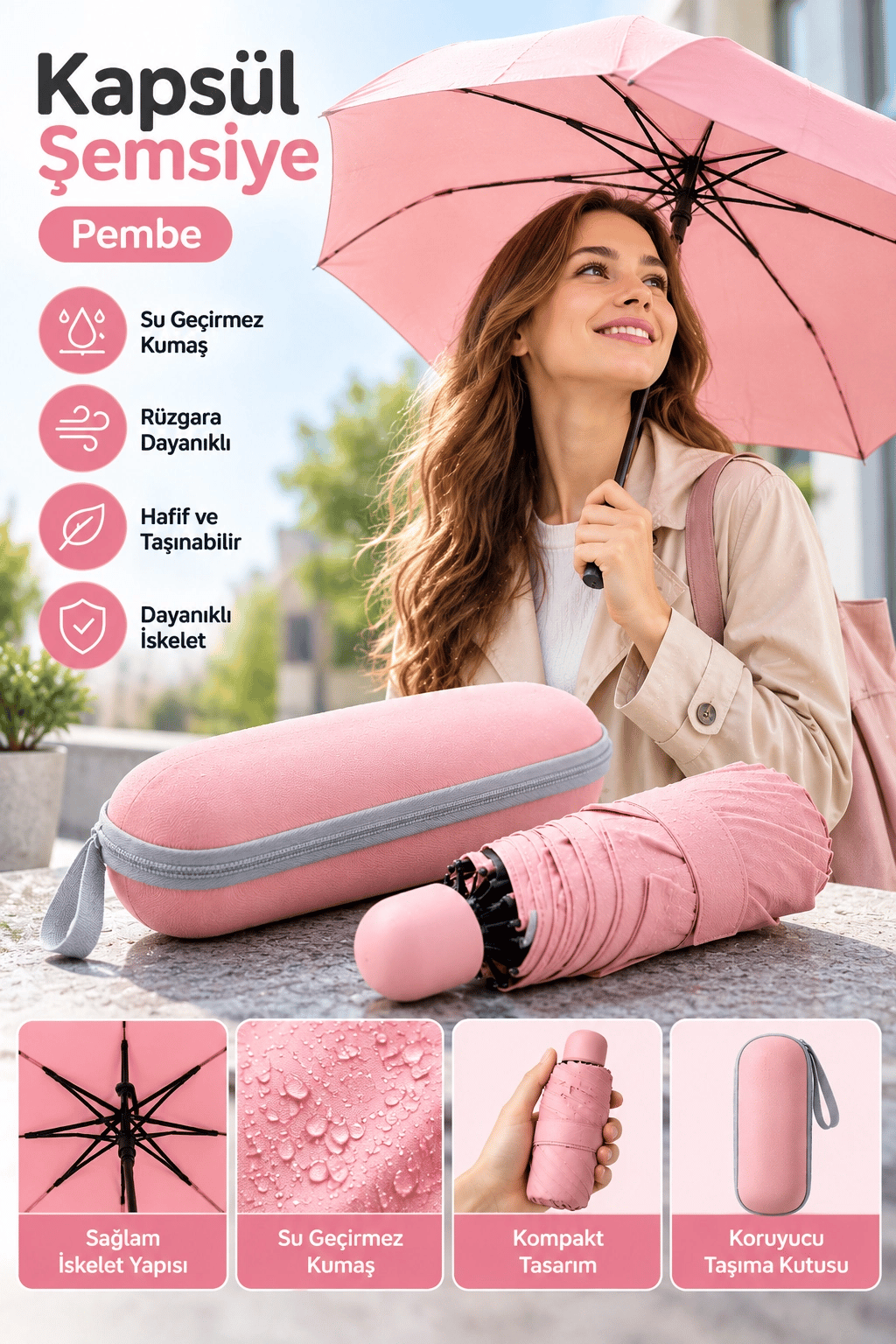 Okul İş ve Günlük Kullanıma Uygun Pembe Kapsül Şemsiye Pratik Taşınabilir Tasarım