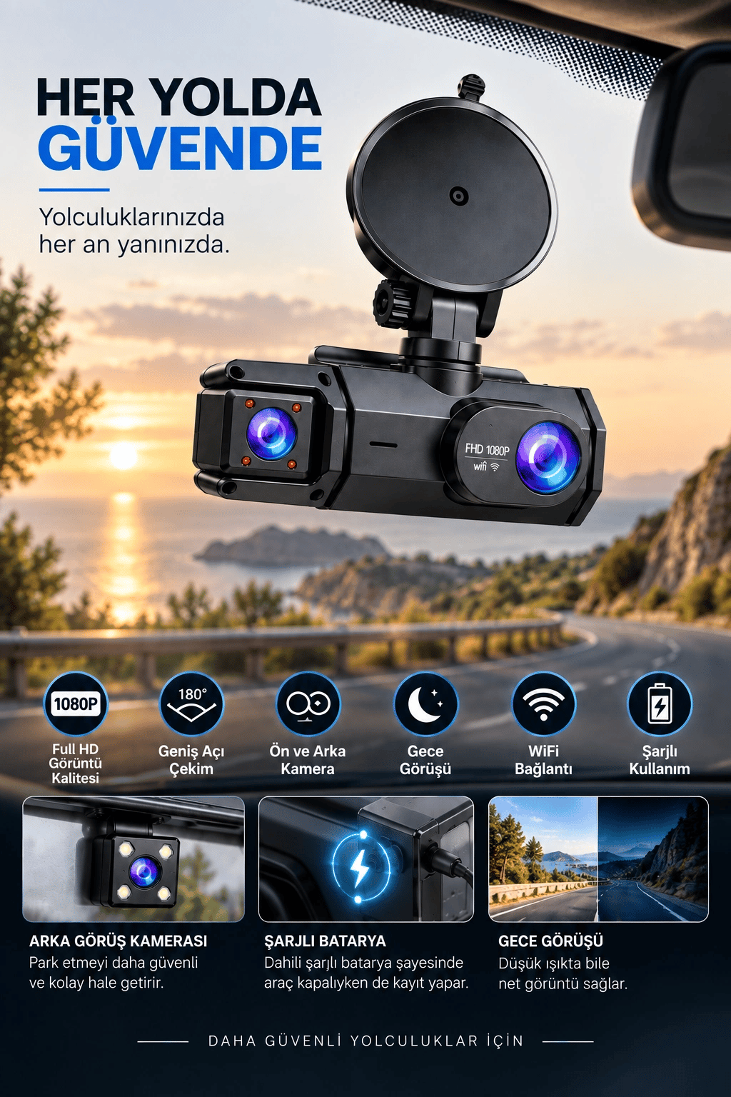 Ön Arka Kamera 1080P Full HD WiFi 180° Geniş Açı Şarjlı