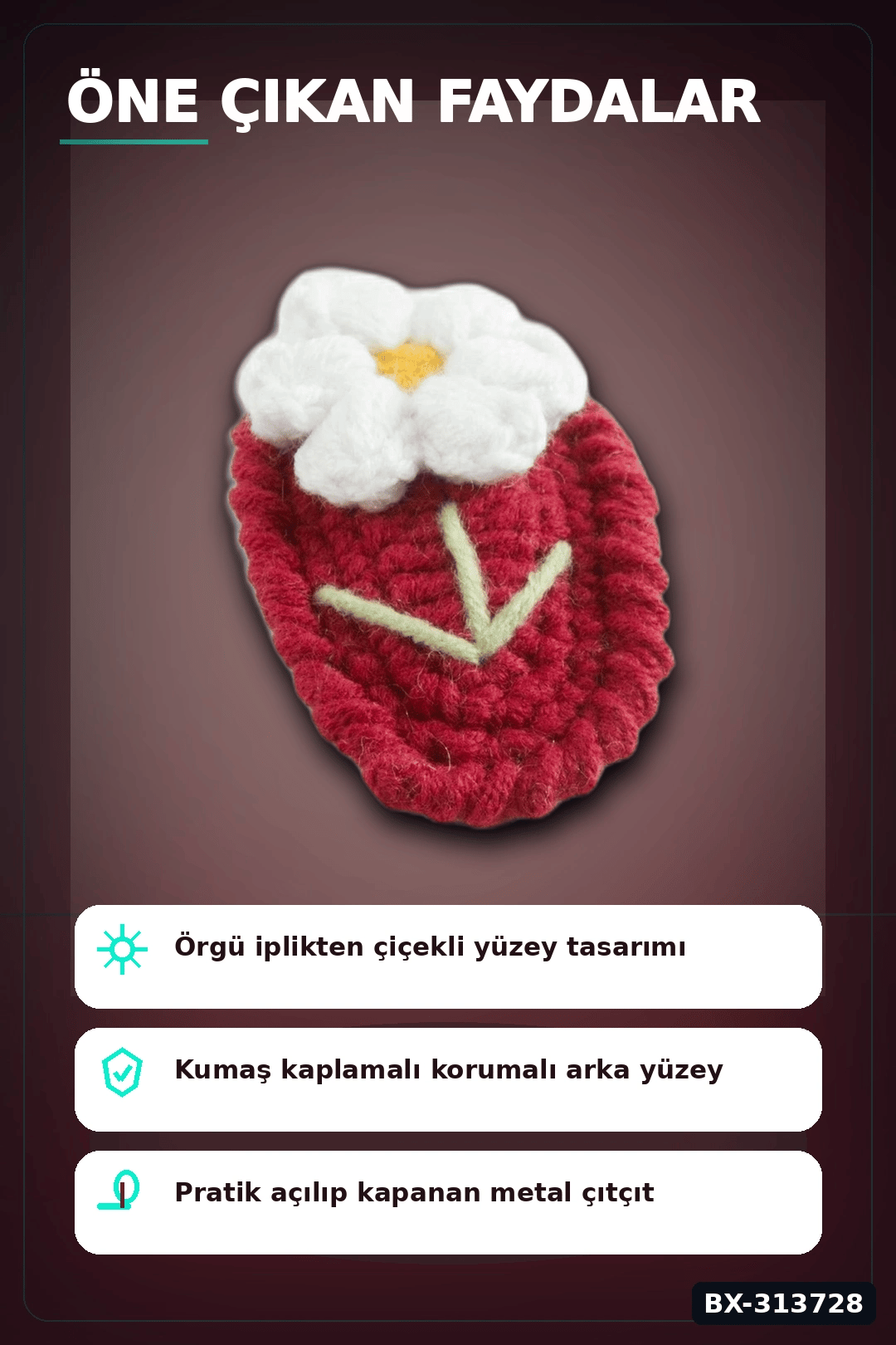 Örgülü 6.5 Cm Metal Papatya Desenli Çıtçıtlı Saç Tokası - El İşi Aksesuar BX-313728