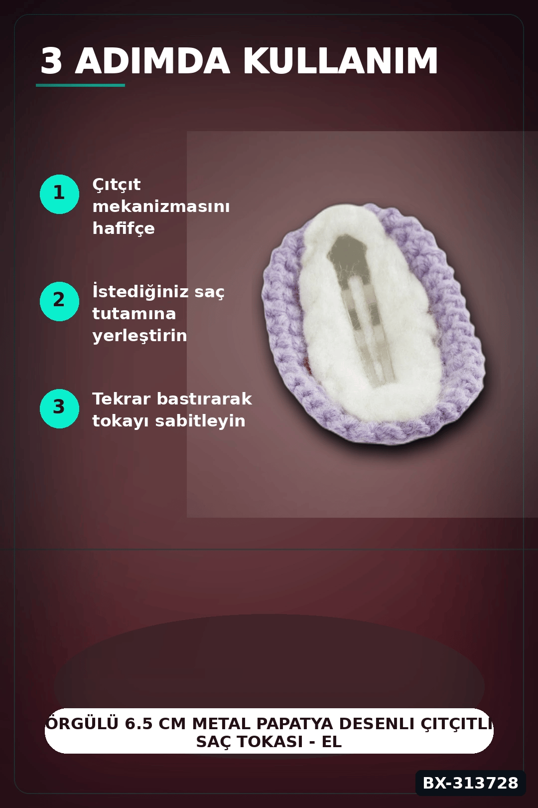 Örgülü 6.5 Cm Metal Papatya Desenli Çıtçıtlı Saç Tokası - El İşi Aksesuar BX-313728