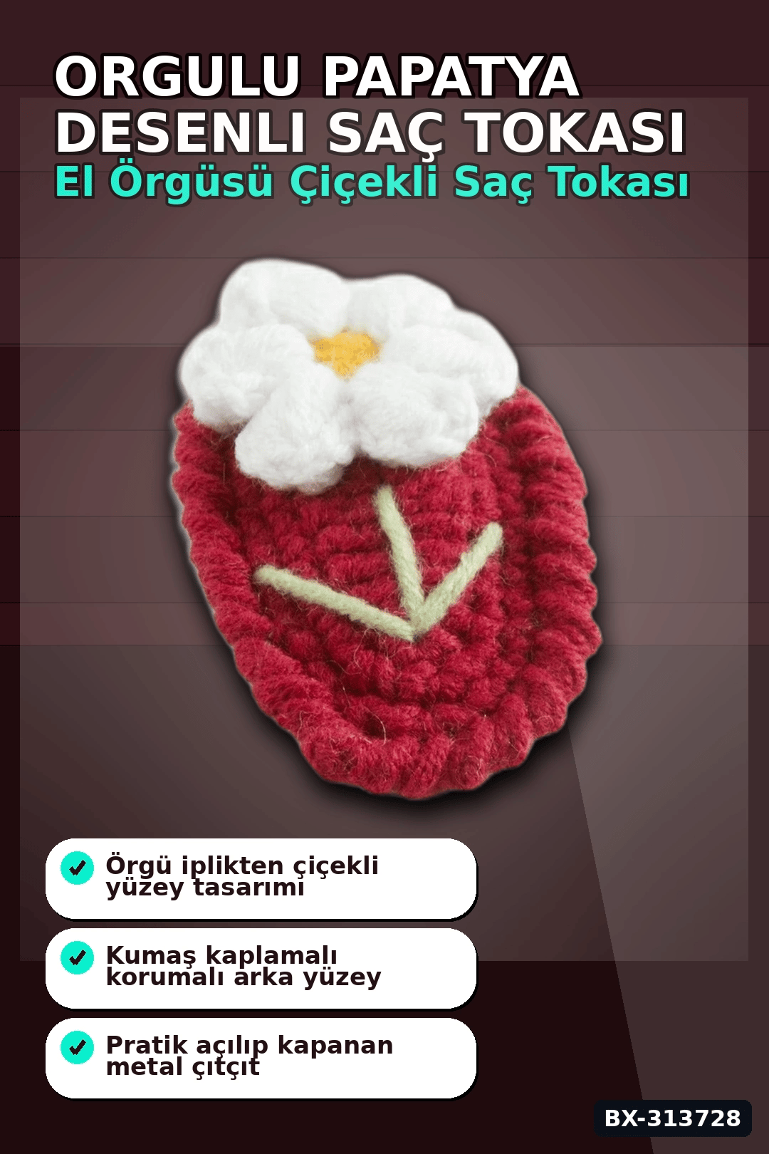 Örgülü 6.5 Cm Metal Papatya Desenli Çıtçıtlı Saç Tokası - El İşi Aksesuar BX-313728