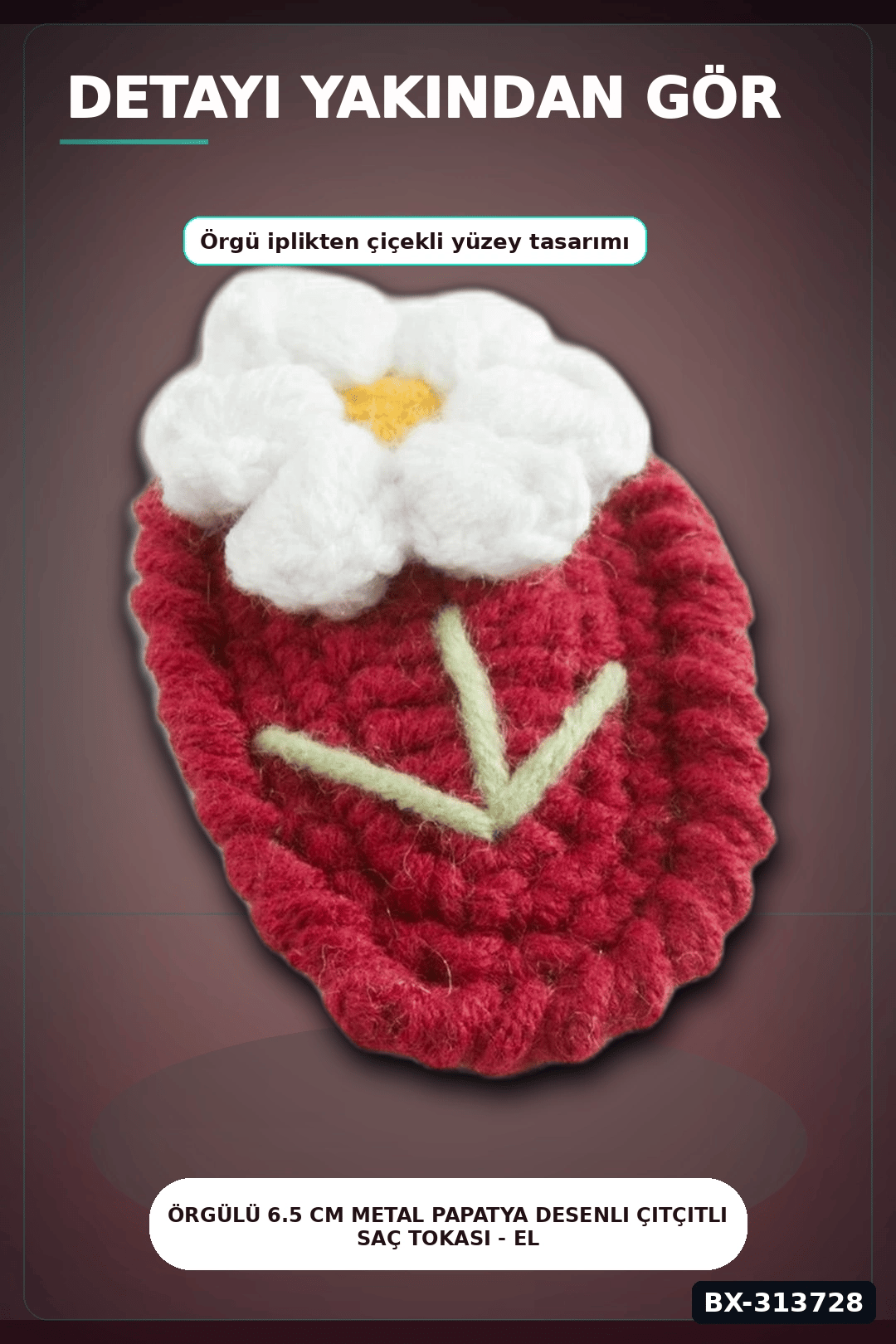 Örgülü 6.5 Cm Metal Papatya Desenli Çıtçıtlı Saç Tokası - El İşi Aksesuar BX-313728