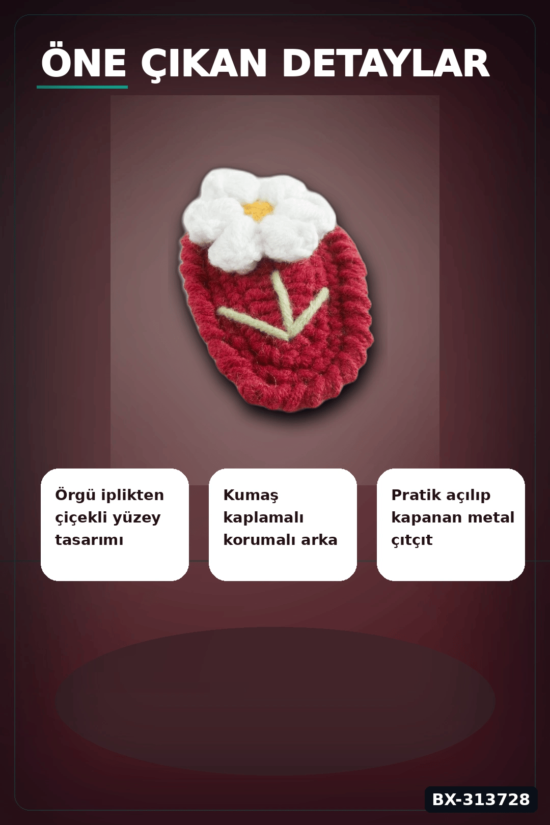 Örgülü 6.5 Cm Metal Papatya Desenli Çıtçıtlı Saç Tokası - El İşi Aksesuar BX-313728